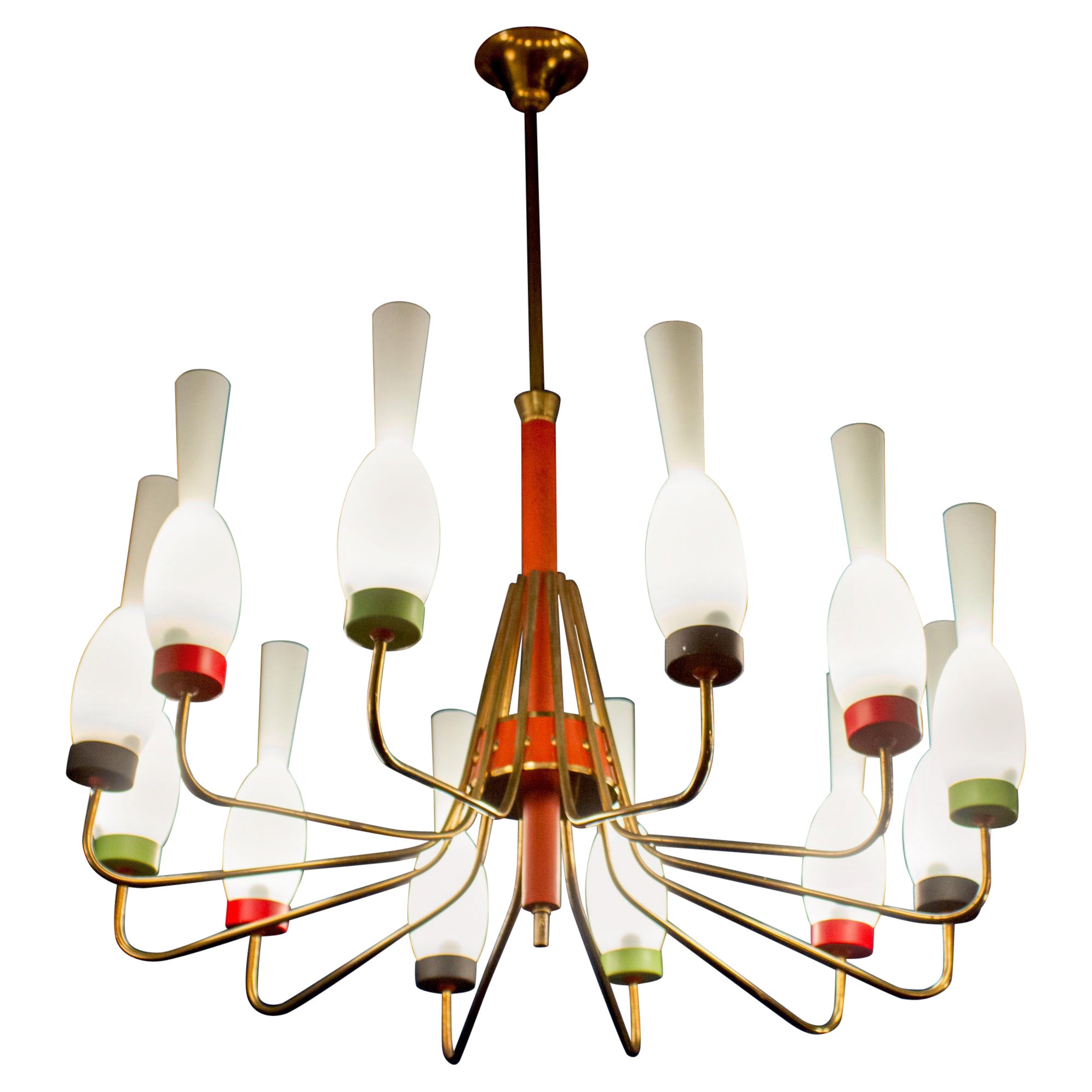 Original Brass and Murano Glass Chandelier Attr. to Stilnovo Italy, 1950s