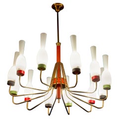 Lampadario originale in ottone e vetro di Murano Attr. a Stilnovo Italia, anni '50