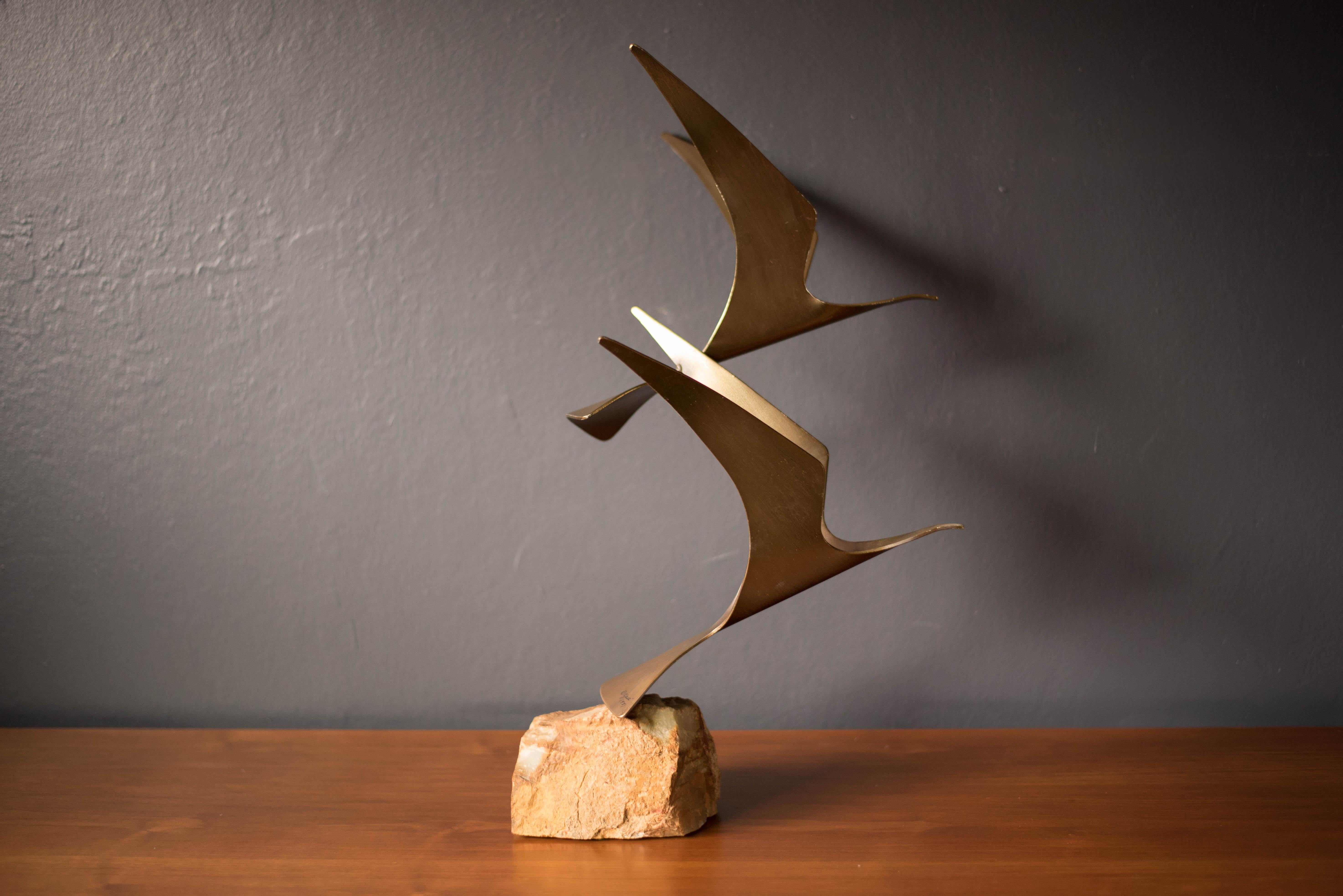 American Original Brass Curtis Jere Birds on Rock Sculpture