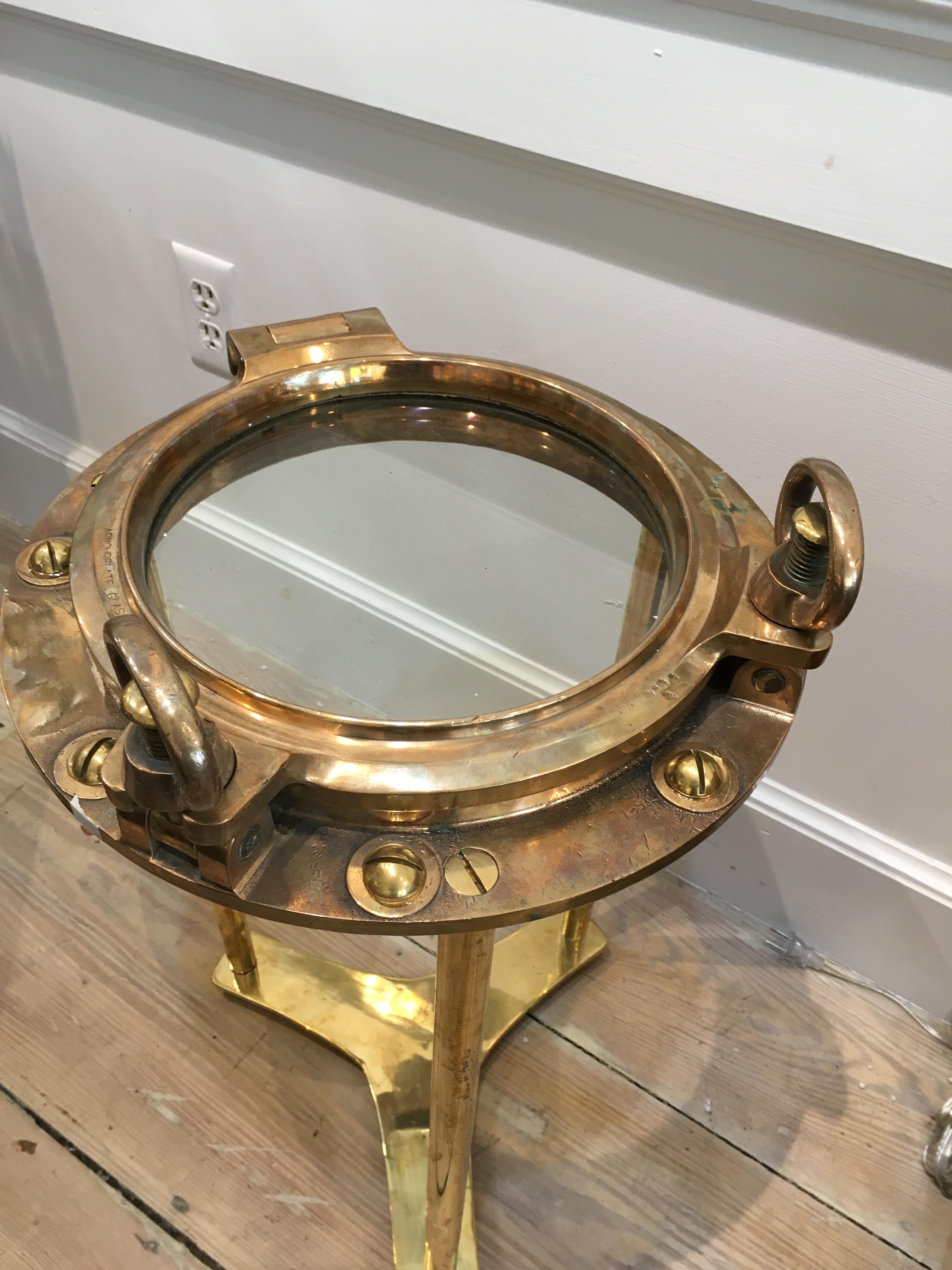 Industrial Original Brass Ship's Porthole Window Converted to Side Table, 1970s