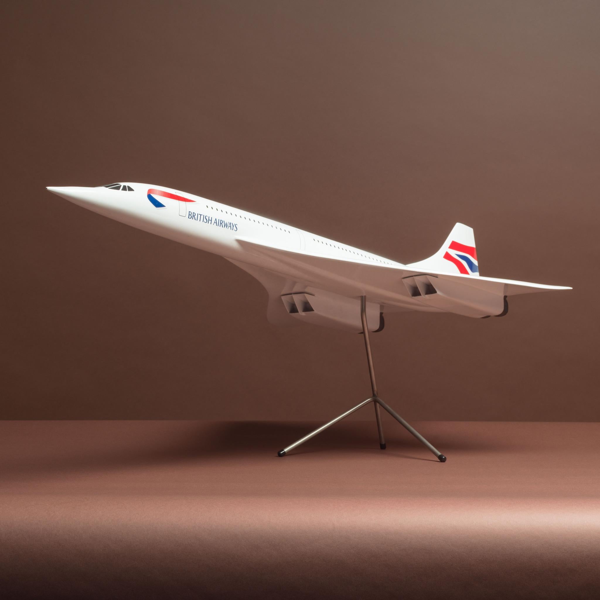 A wonderful quality fiberglass and resin composite 1:50 scale promotional model of a Concorde jet airplane in BA’s final livery design for the supersonic aircraft known as the 'Chatham' livery. On original chrome-plated stand; circa 2001.

The famed