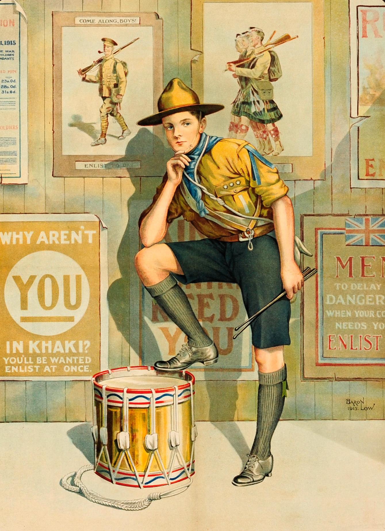 Original antique World War One propaganda poster: Everyone Should Do His Bit – Enlist Now featuring an image of young boy in uniform enrolling in the army as the drummer boy, his right foot on a drum standing in front of a wall covered with posters