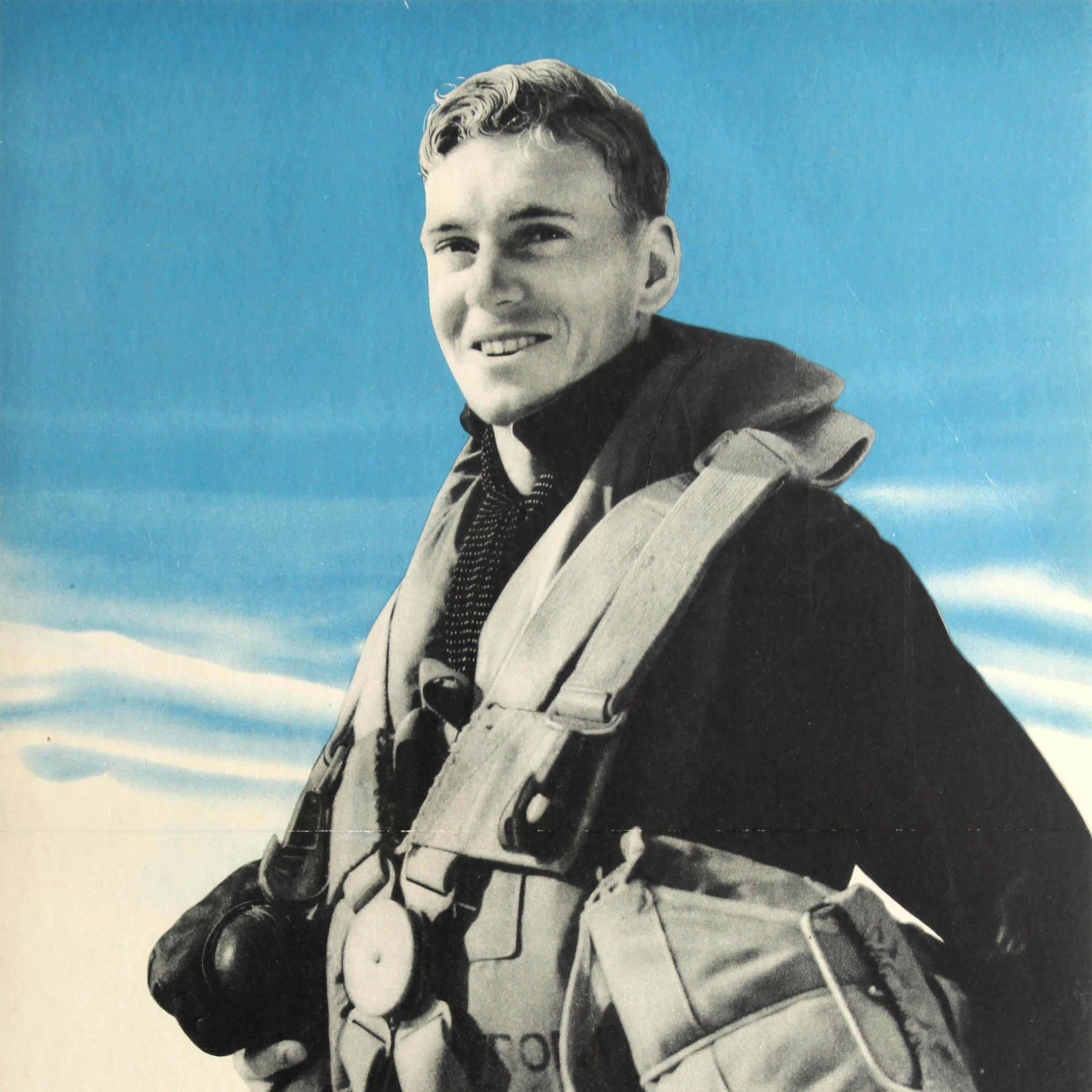 Original vintage British World War Two poster - Careless talk may cost his life Don't talk about aerodromes or aircraft factories - featuring a black and white photo of a smiling Royal Air Force RAF pilot against a sky blue background with the