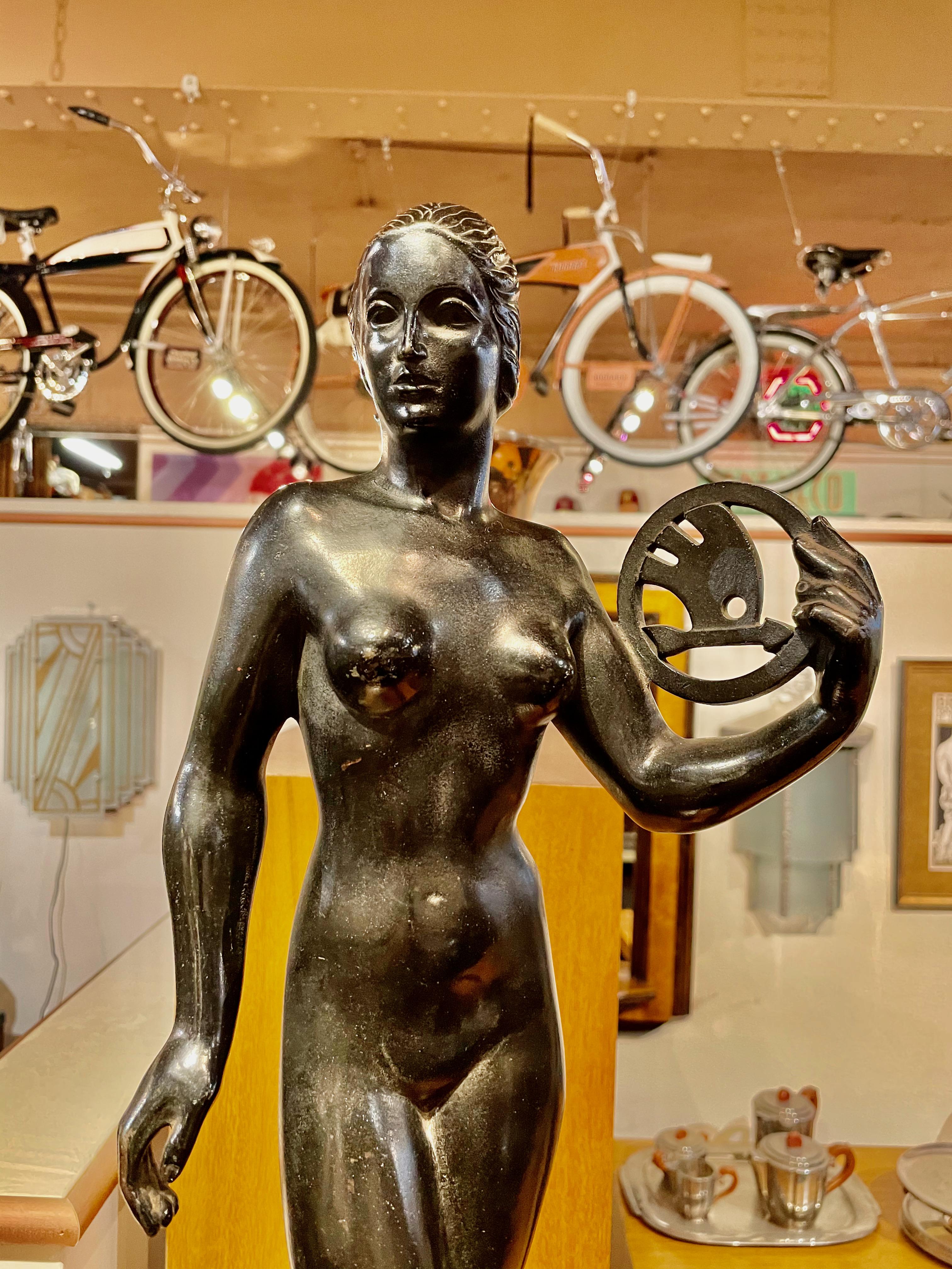 Original bronze Art Deco Czech sculpture for Skoda Automobiles. The most famous car company from the Czech Republic with roots all the way from 1895 making bicycles, motorbikes and eventually making cars. They merged with Pizen Skodovka Co in 1925