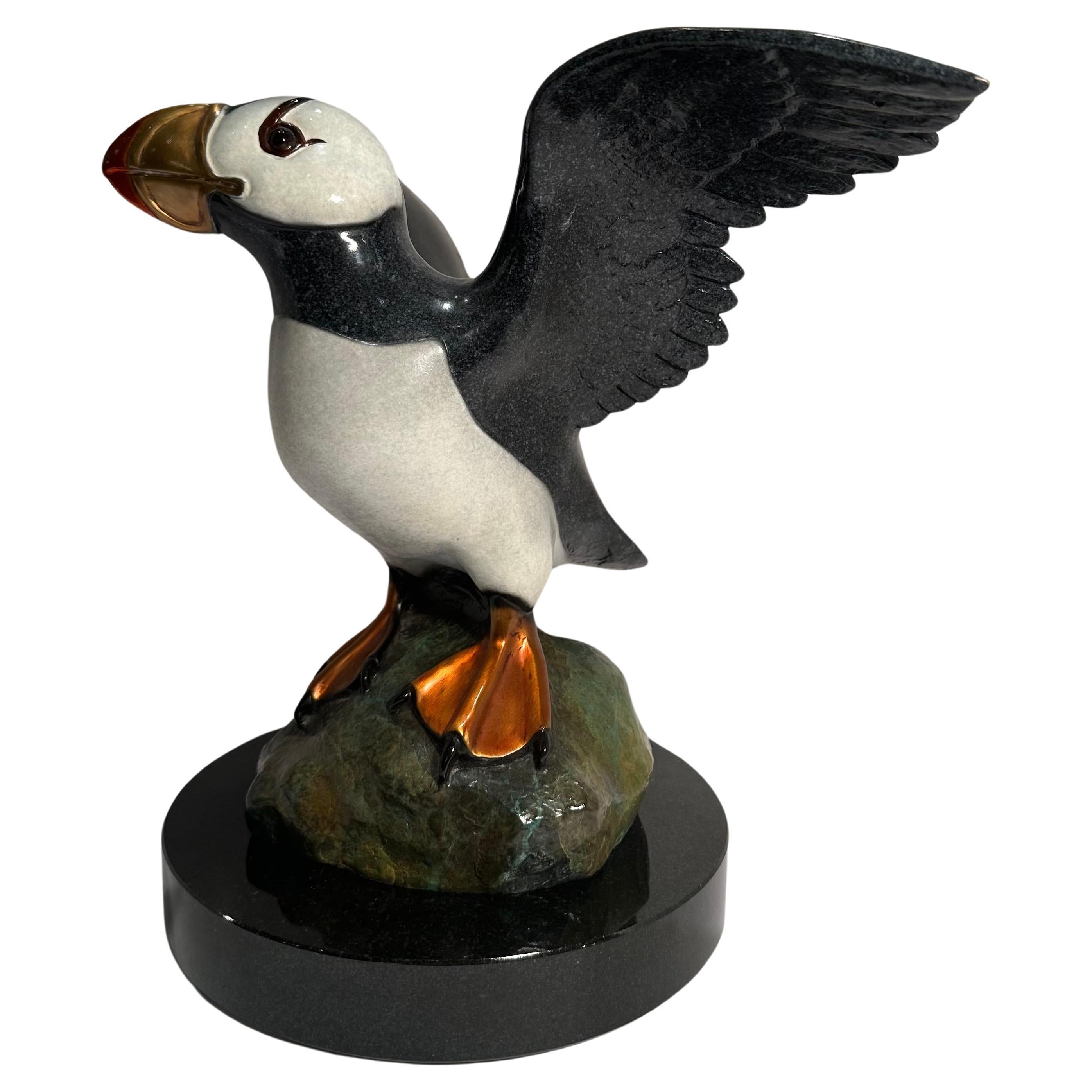 American Original Bronze Puffin Bird Statue Entitled Showtime by Mary and Jacques Regat For Sale