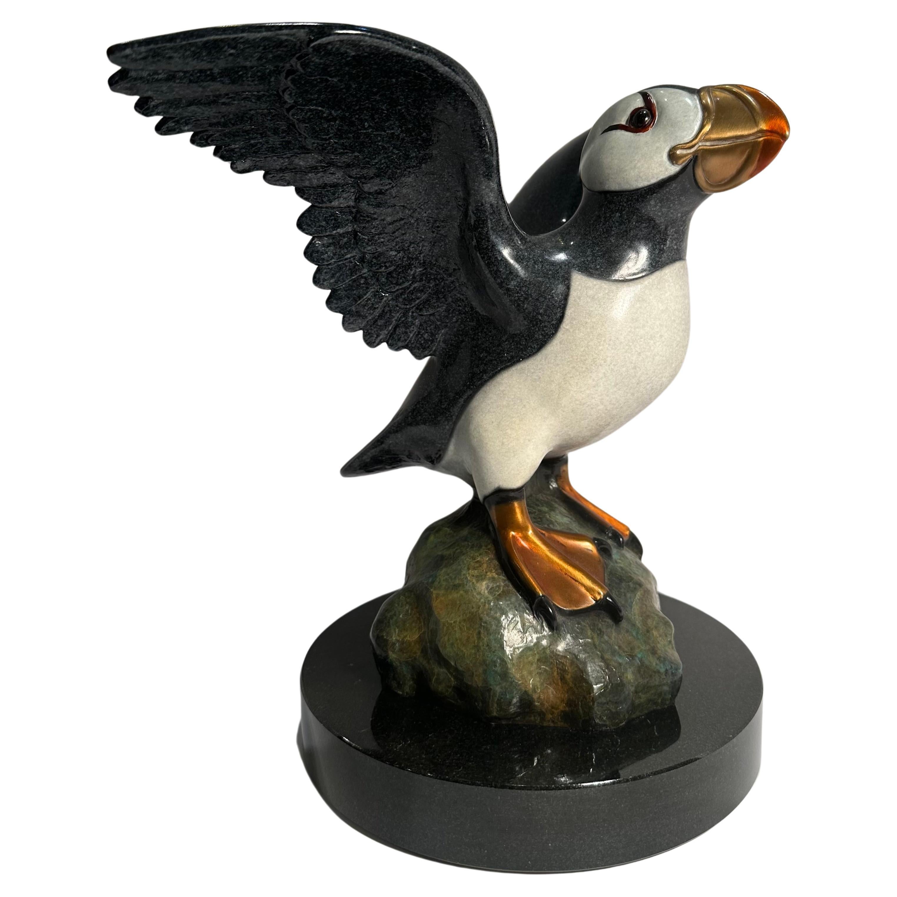 Hand-Crafted Original Bronze Puffin Bird Statue Entitled Showtime by Mary and Jacques Regat For Sale