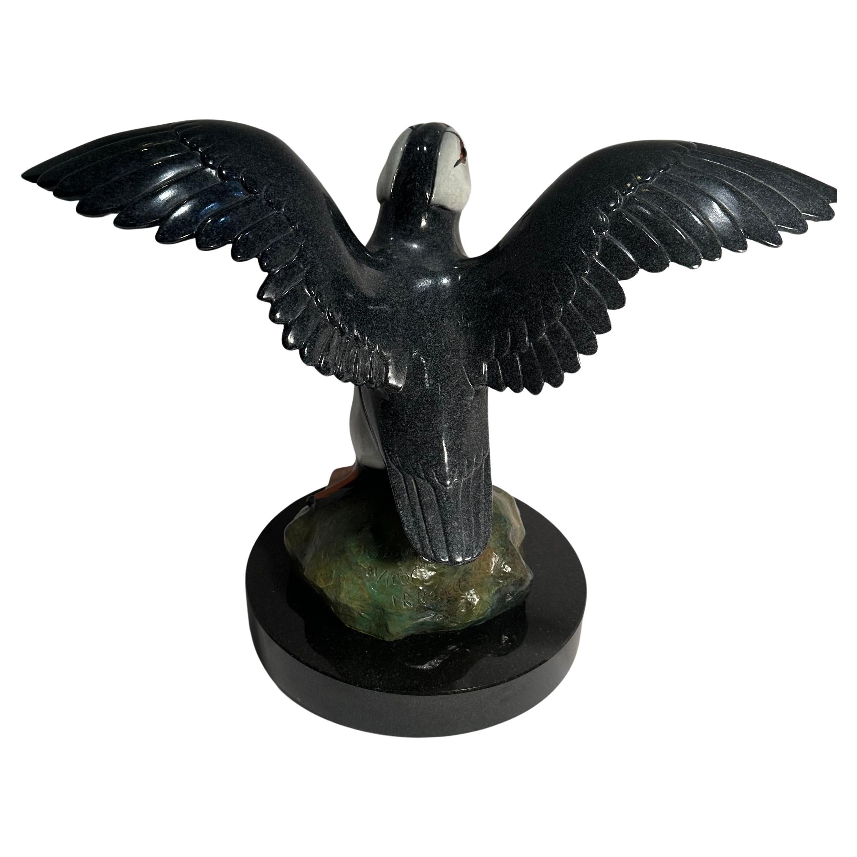 Contemporary Original Bronze Puffin Bird Statue Entitled Showtime by Mary and Jacques Regat For Sale