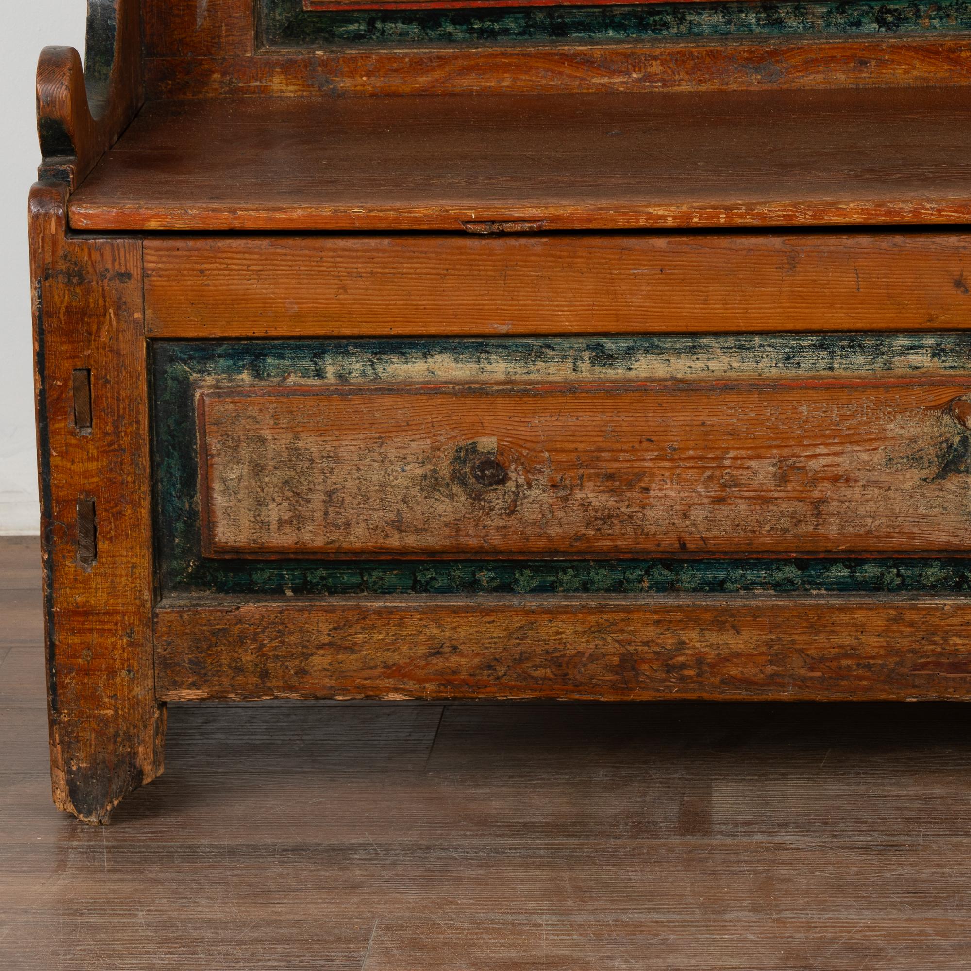 Original Brown and Blue Painted Swedish Pine Bench with Storage, circa 1820-40 5
