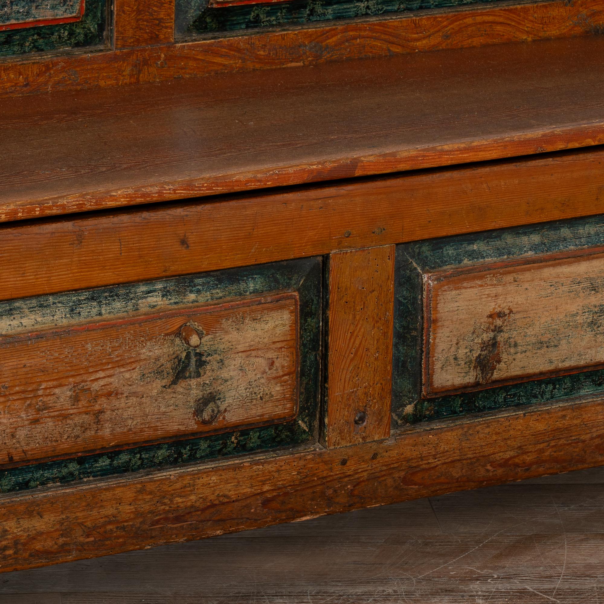 Original Brown and Blue Painted Swedish Pine Bench with Storage, circa 1820-40 6