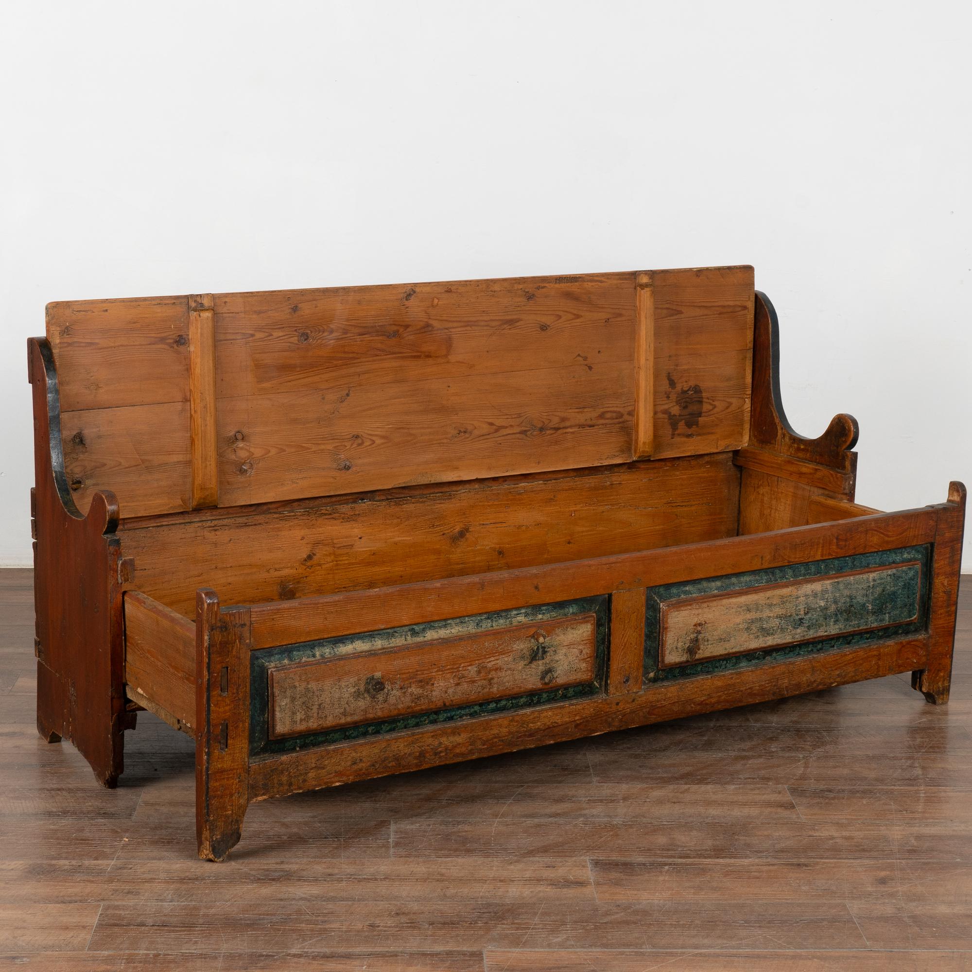 Folk Art Original Brown and Blue Painted Swedish Pine Bench with Storage, circa 1820-40