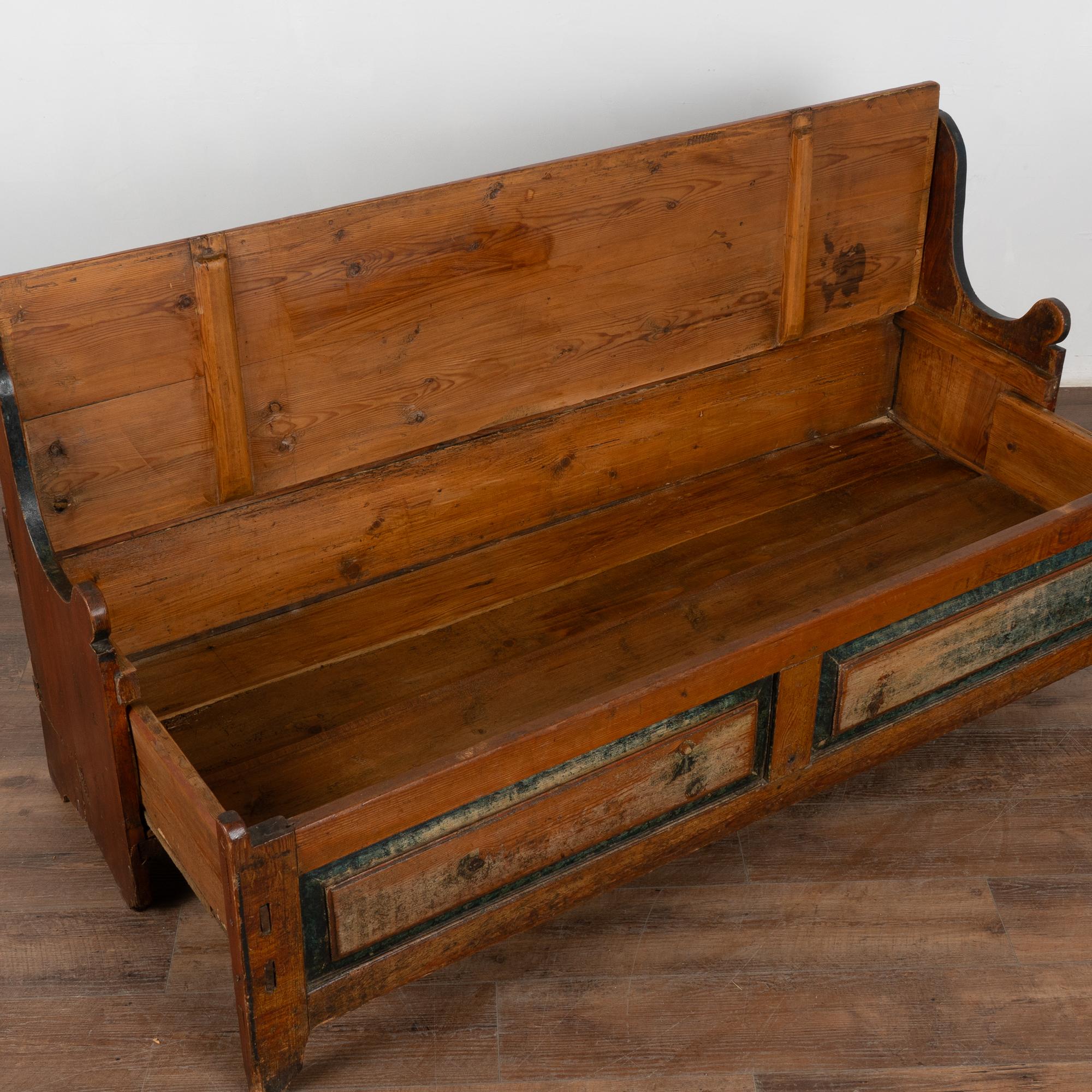 Original Brown and Blue Painted Swedish Pine Bench with Storage, circa 1820-40 In Good Condition In Round Top, TX