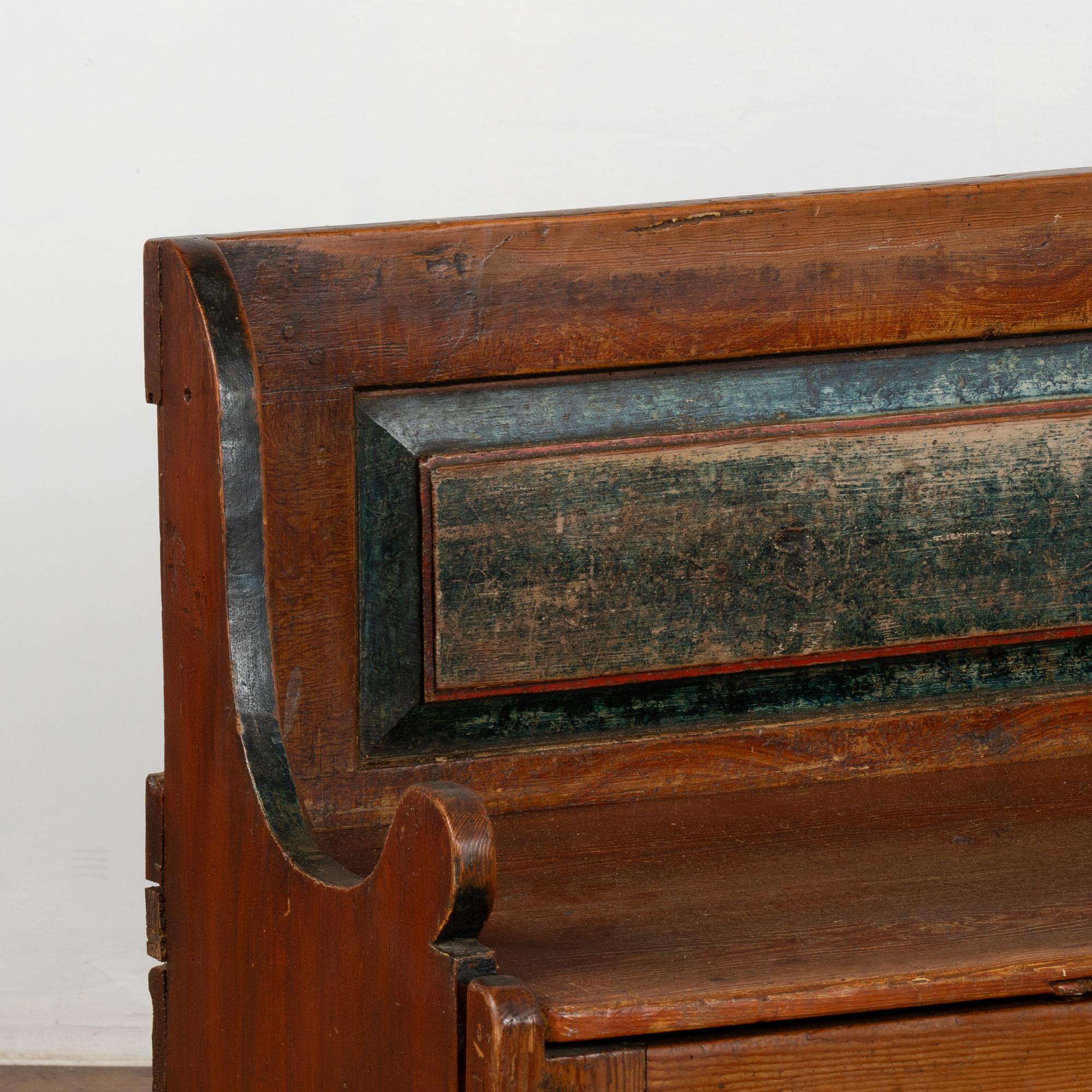 19th Century Original Brown and Blue Painted Swedish Pine Bench with Storage, circa 1820-40