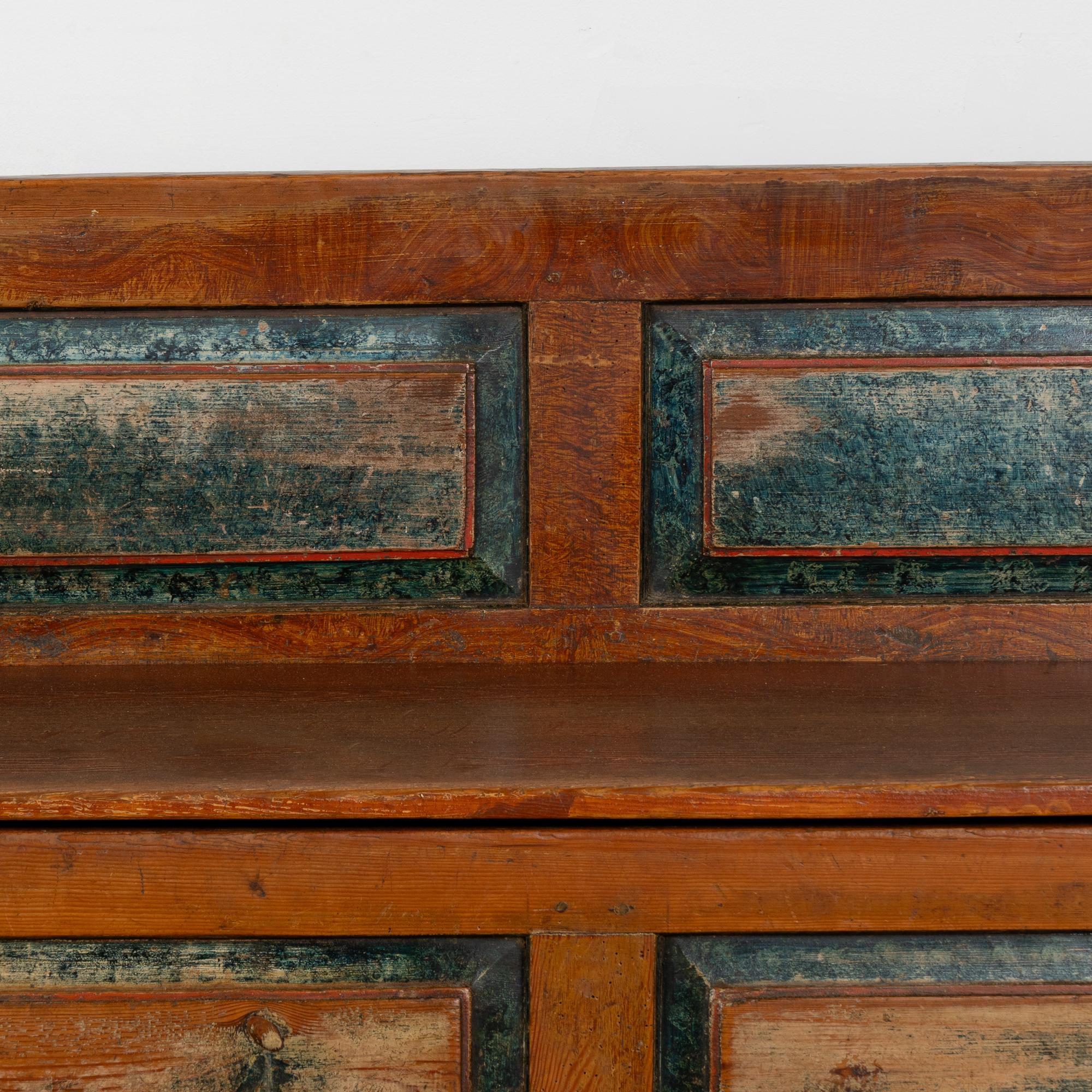 Original Brown and Blue Painted Swedish Pine Bench with Storage, circa 1820-40 2