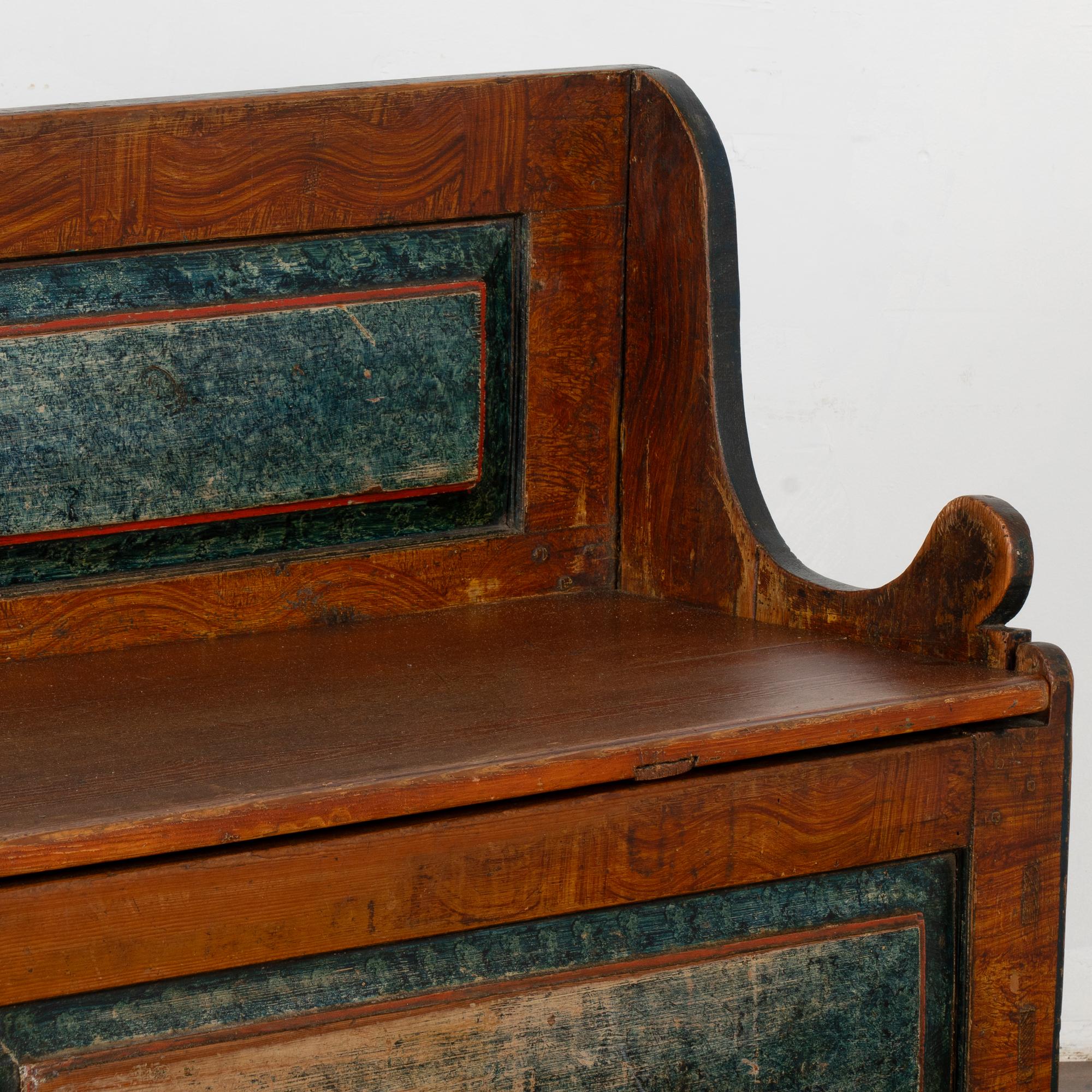 Original Brown and Blue Painted Swedish Pine Bench with Storage, circa 1820-40 3