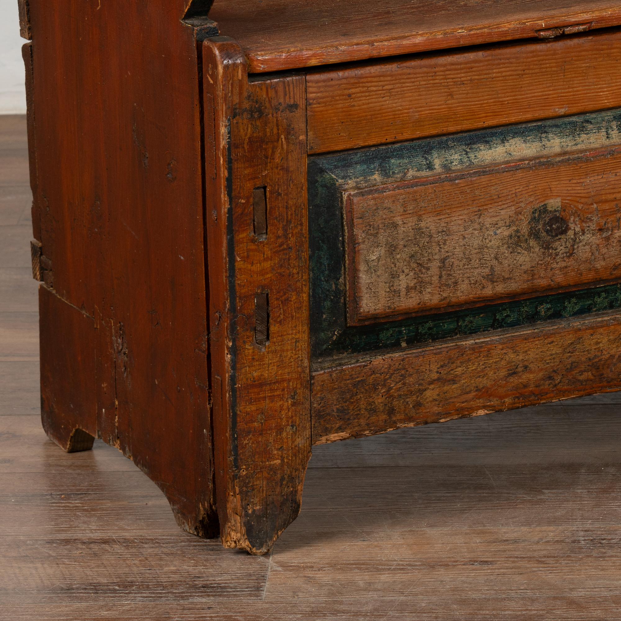 Original Brown and Blue Painted Swedish Pine Bench with Storage, circa 1820-40 4