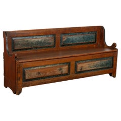 Original Brown and Blue Painted Swedish Pine Bench with Storage, circa 1820-40