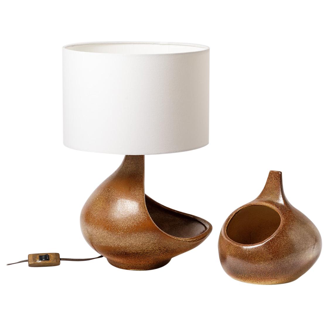 Original Brown Ceramic Table Lamp by Fred Stocker 20th Century Midcentury Design For Sale