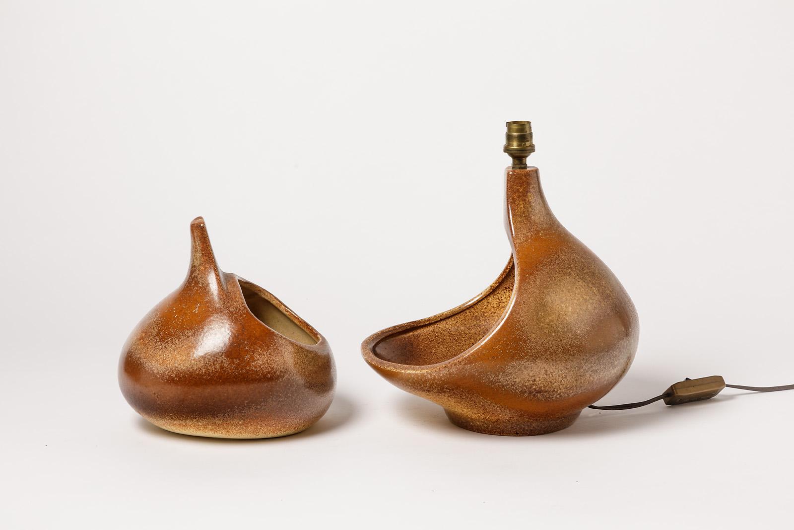 20ième siècle Lampe de table en céramique marron originale de Fred Stocker 20e siècle Design Midcentury en vente