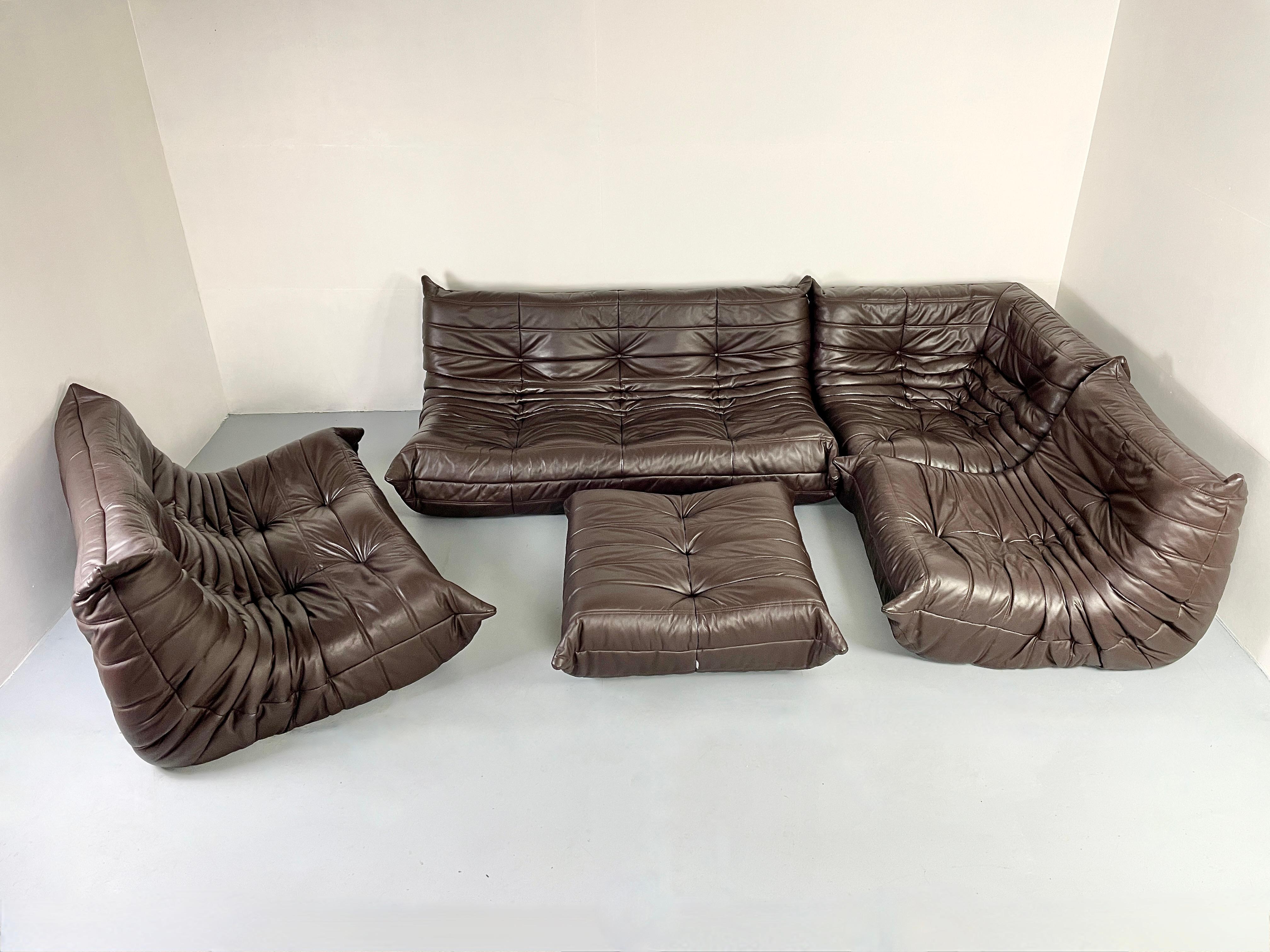 Post-Modern Original Brown Leather Togo Sofa 5 Pieces by Michel Ducaroy for Ligne Roset