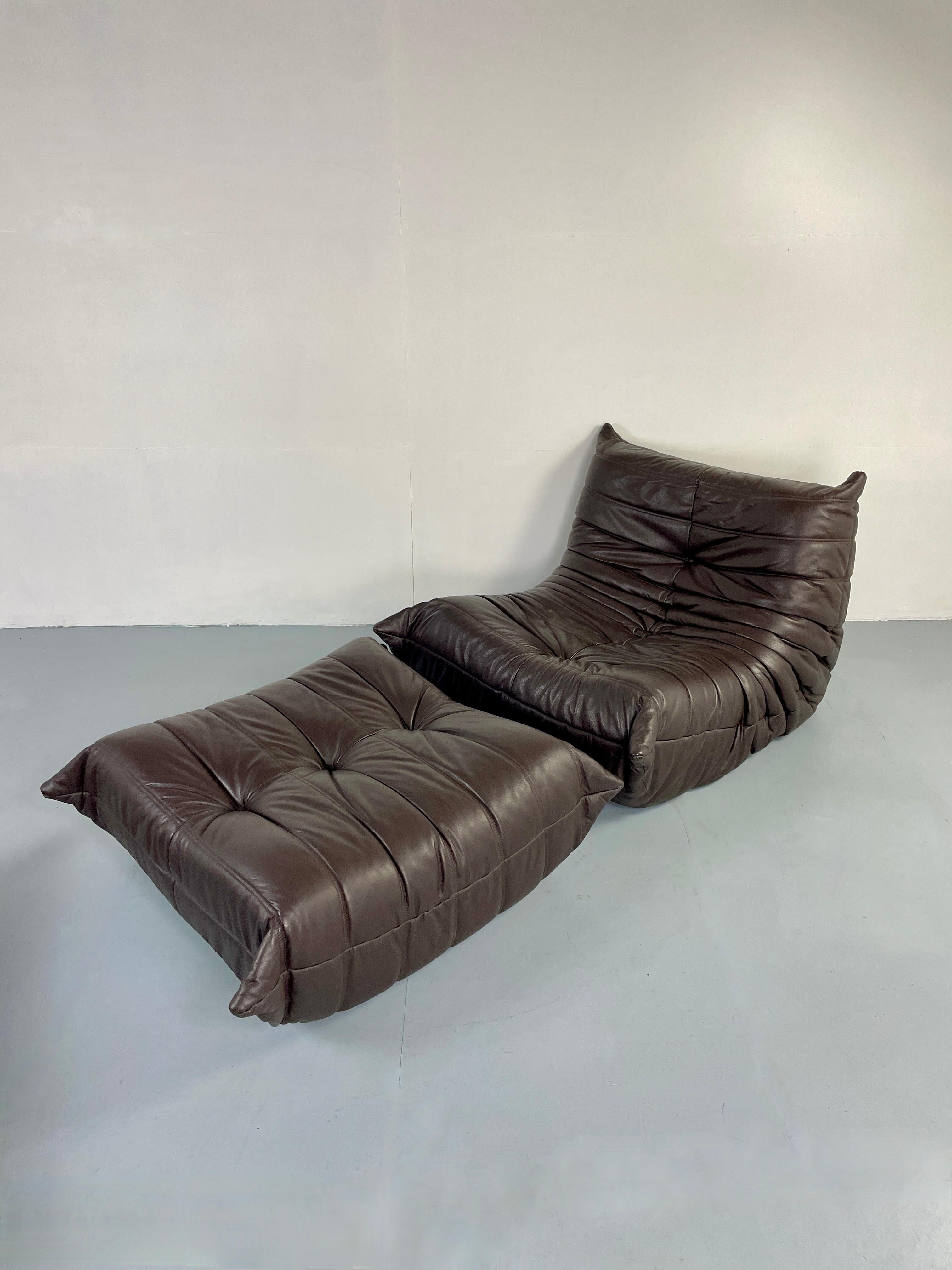 French Original Brown Leather Togo Sofa 5 Pieces by Michel Ducaroy for Ligne Roset