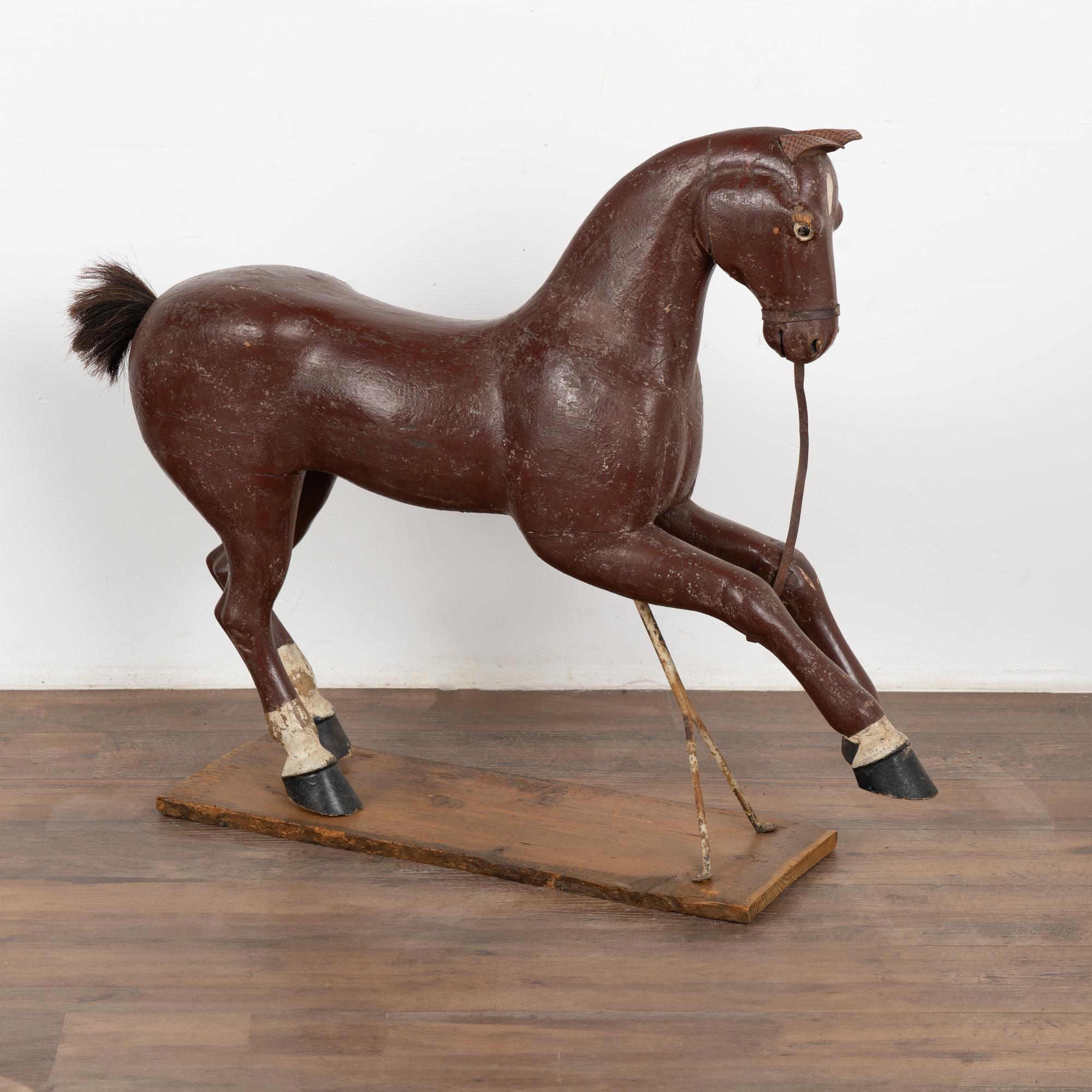 Original Brown Painted and Carved Wooden Horse from Sweden, circa 1900 For Sale 3