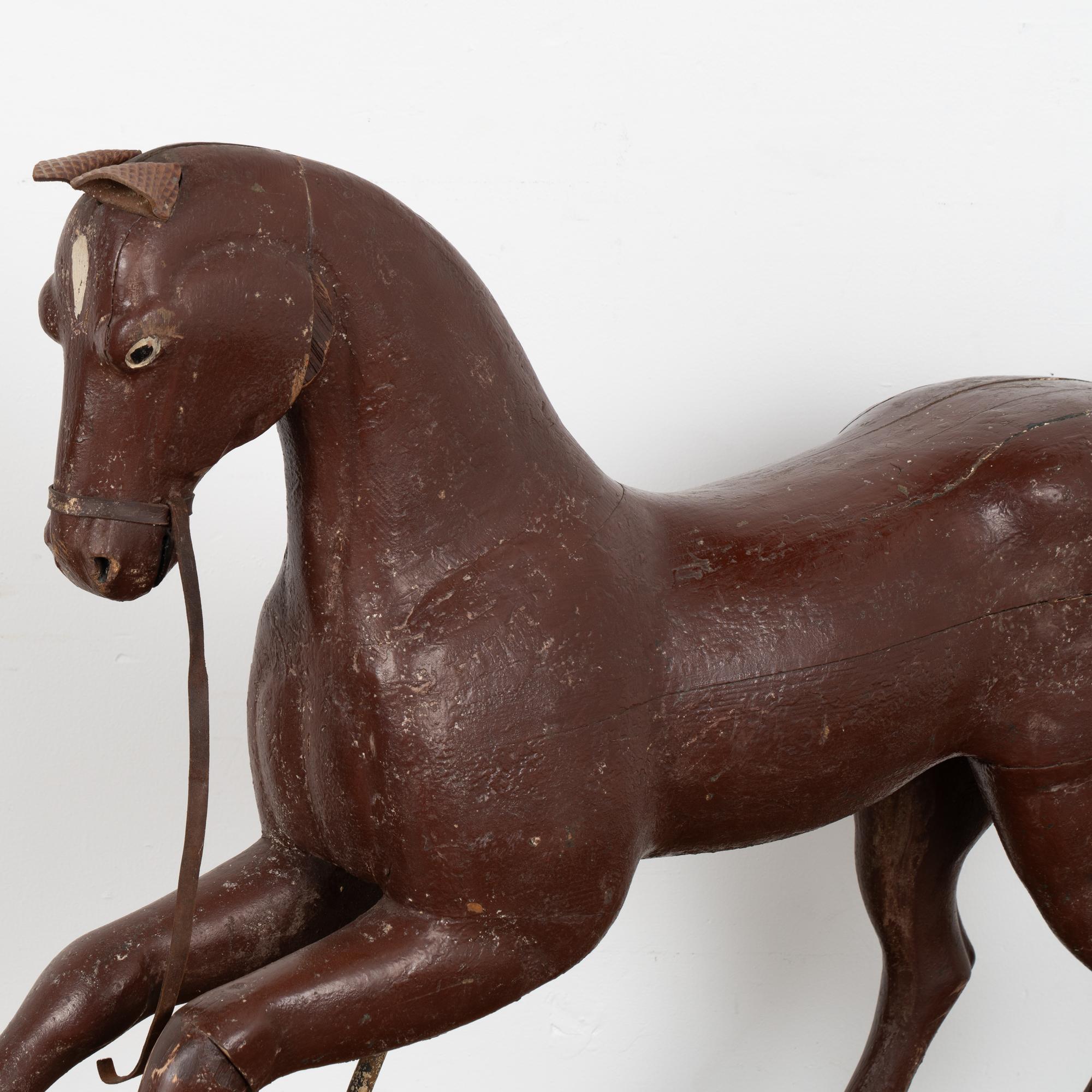 Swedish Original Brown Painted and Carved Wooden Horse from Sweden, circa 1900 For Sale