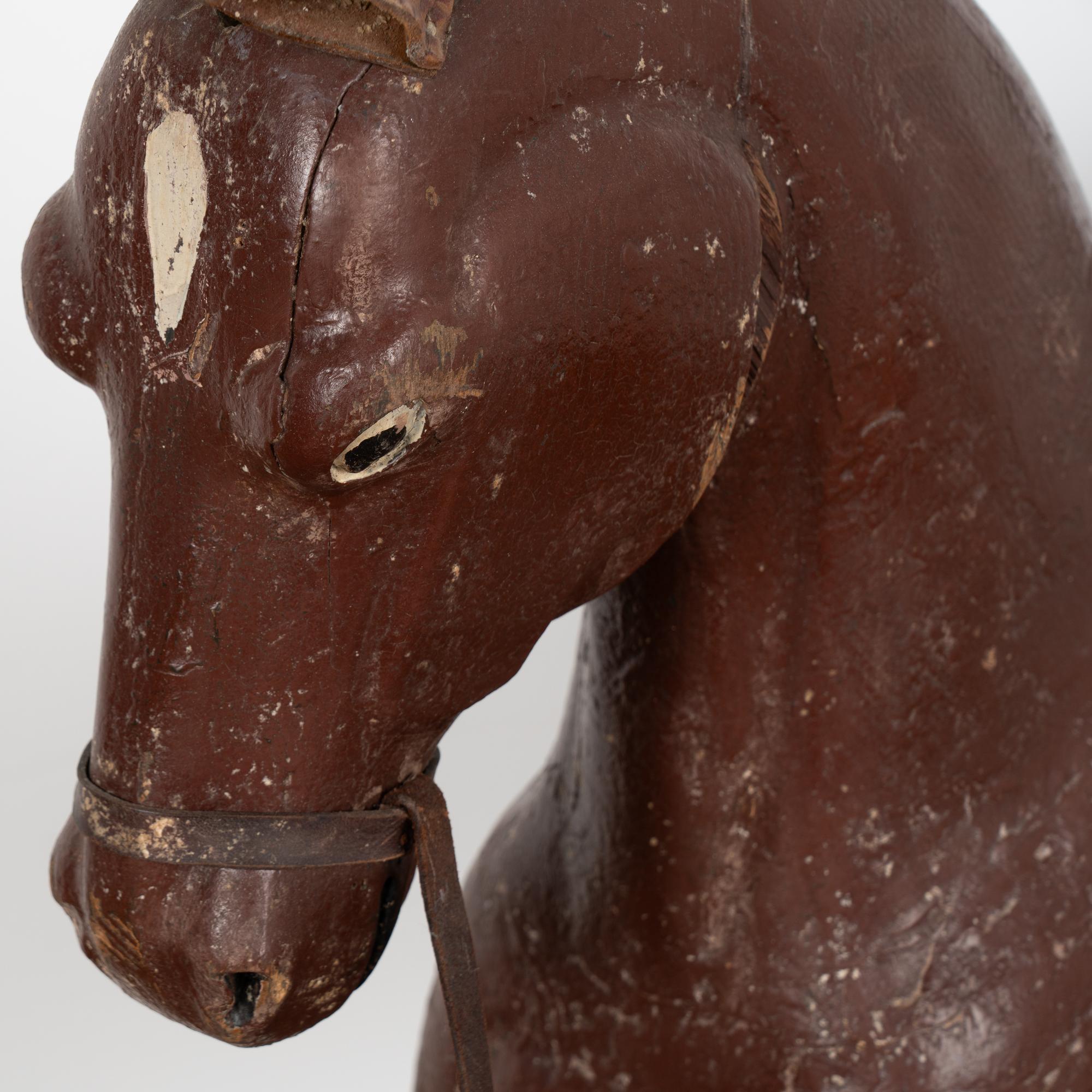 20th Century Original Brown Painted and Carved Wooden Horse from Sweden, circa 1900 For Sale