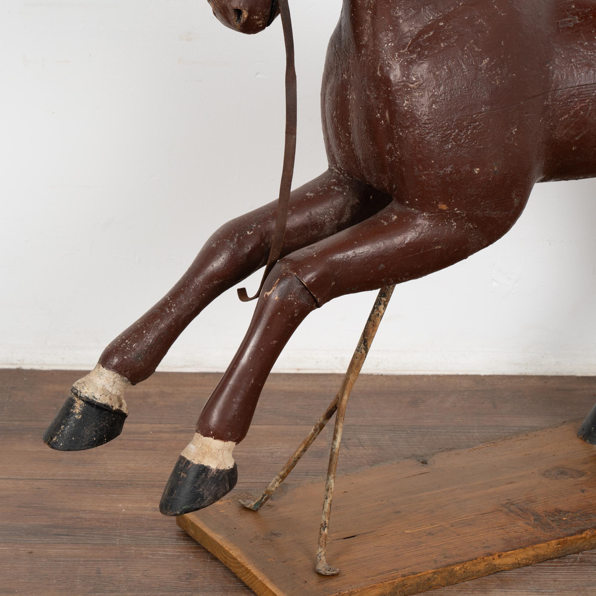 Metal Original Brown Painted and Carved Wooden Horse from Sweden, circa 1900 For Sale