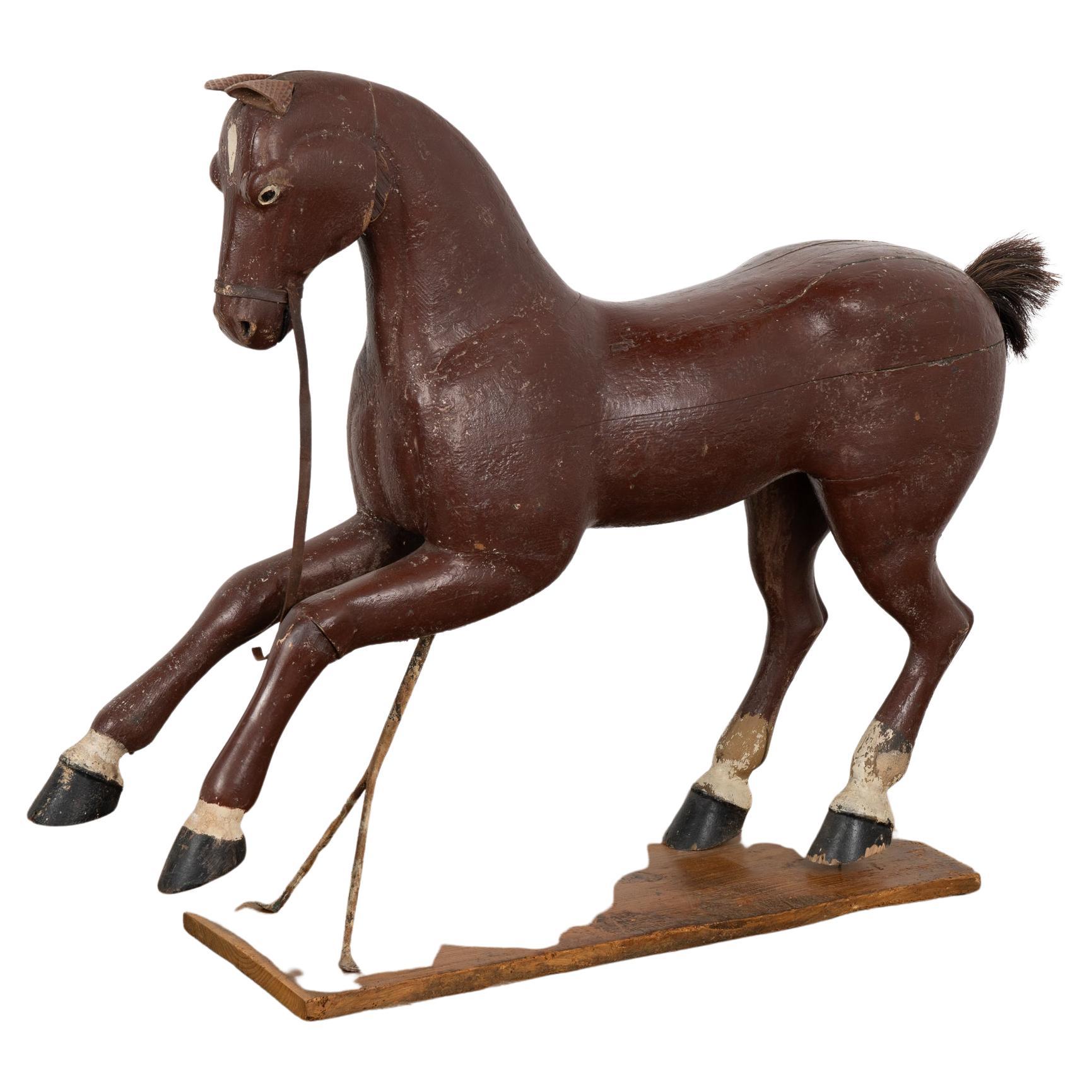 Original Brown Painted and Carved Wooden Horse from Sweden, circa 1900 For Sale