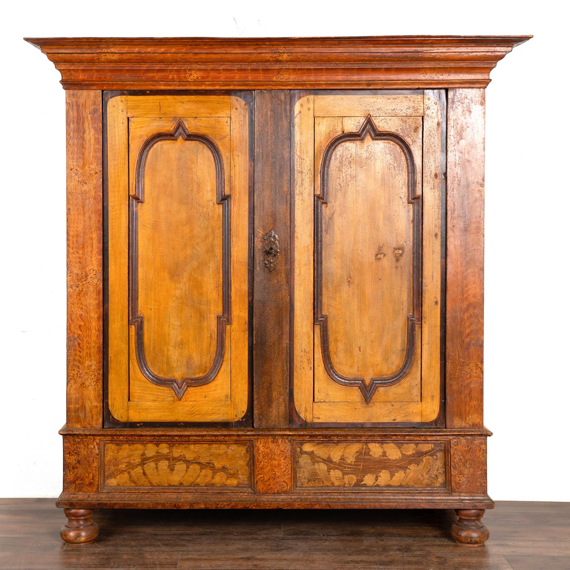 Original Brown Painted Two Door Baroque Pine Armoire, Sweden circa 1780-1800 In Good Condition In Round Top, TX