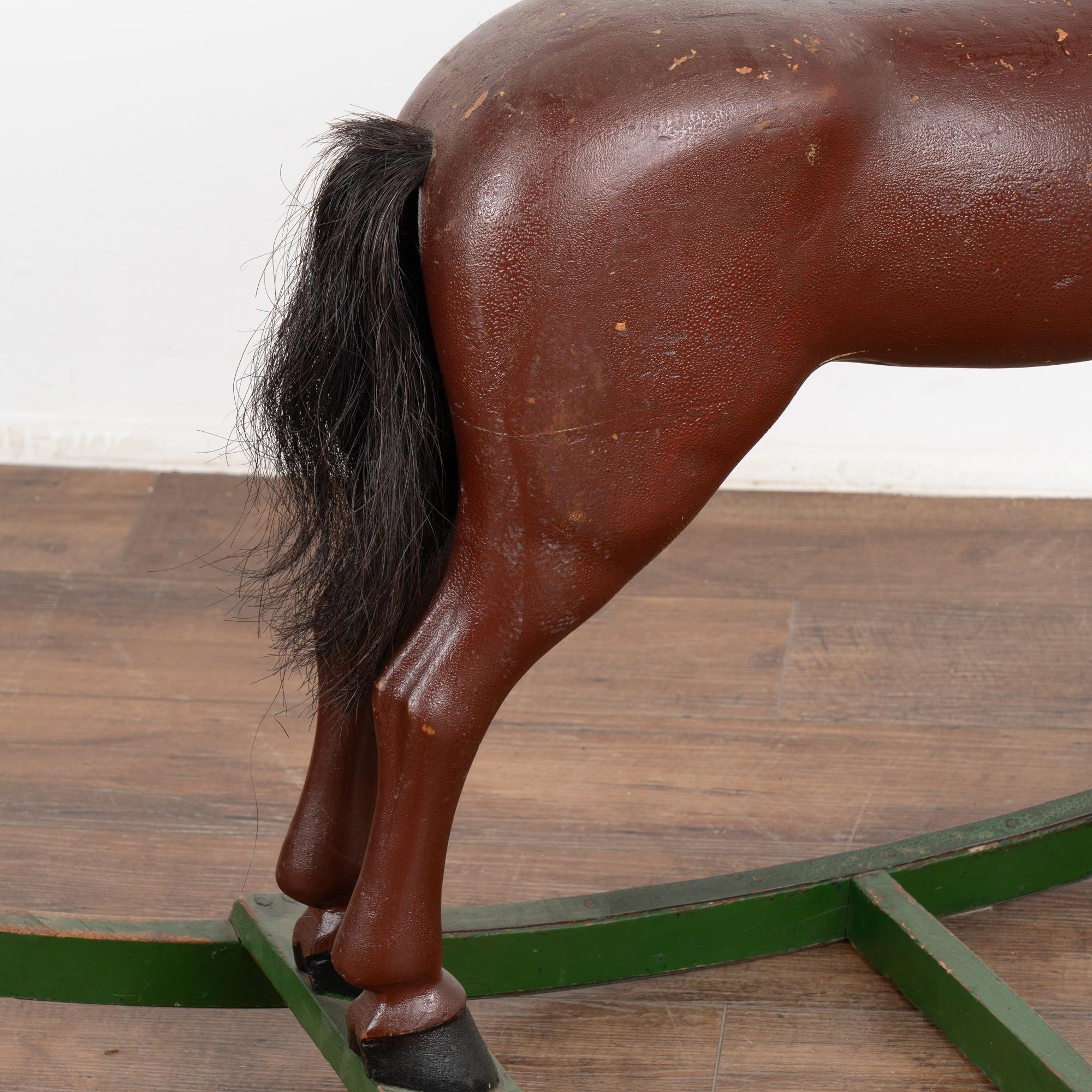 Original Brown Painted Wood Rocking Horse on Green Rocker, Sweden circa 1900's For Sale 3