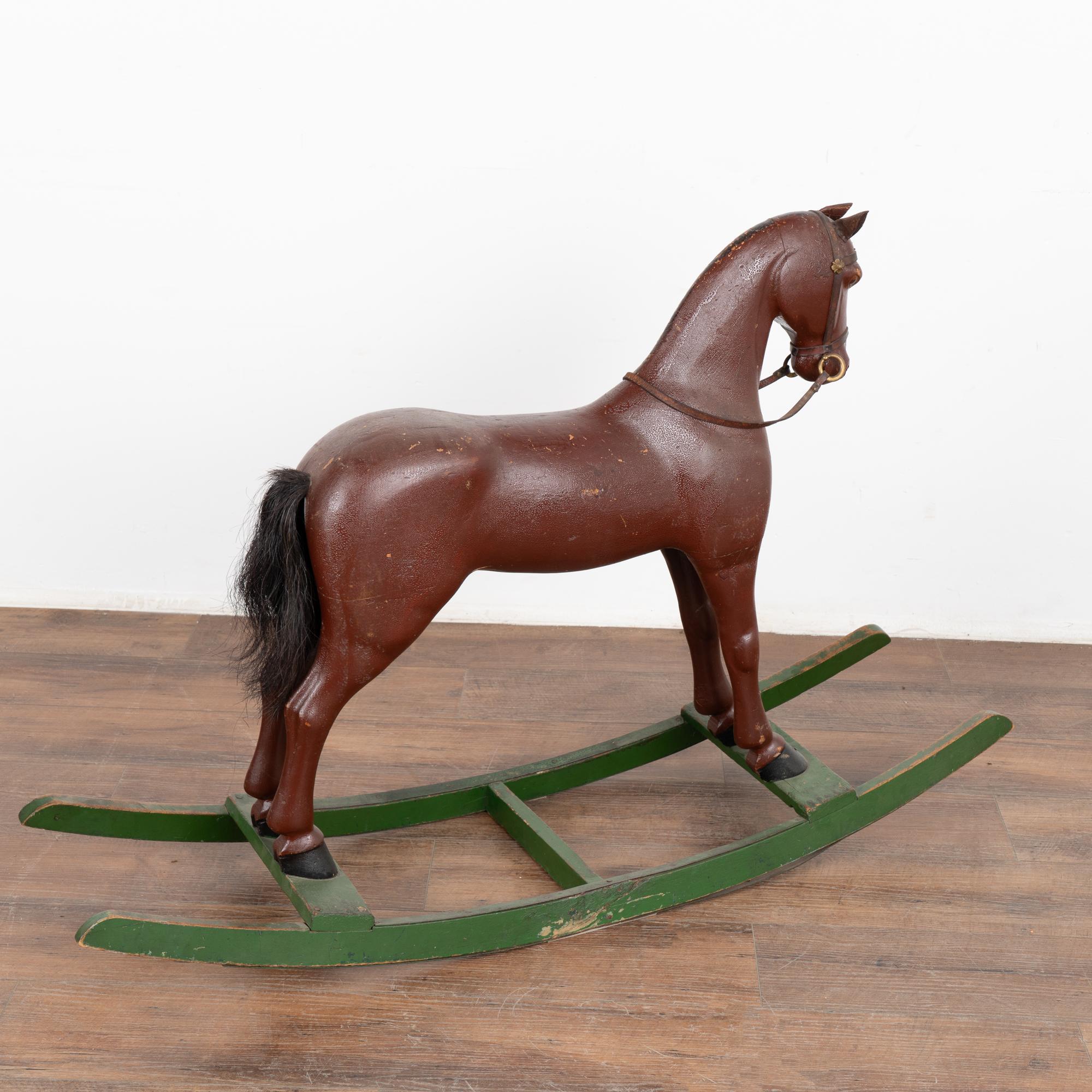 Original Brown Painted Wood Rocking Horse on Green Rocker, Sweden circa 1900's For Sale 4