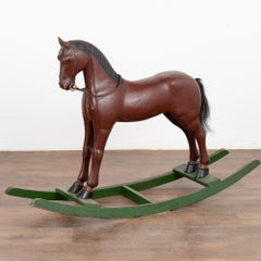 Original Brown Painted Wood Rocking Horse on Green Rocker, Sweden circa 1900's