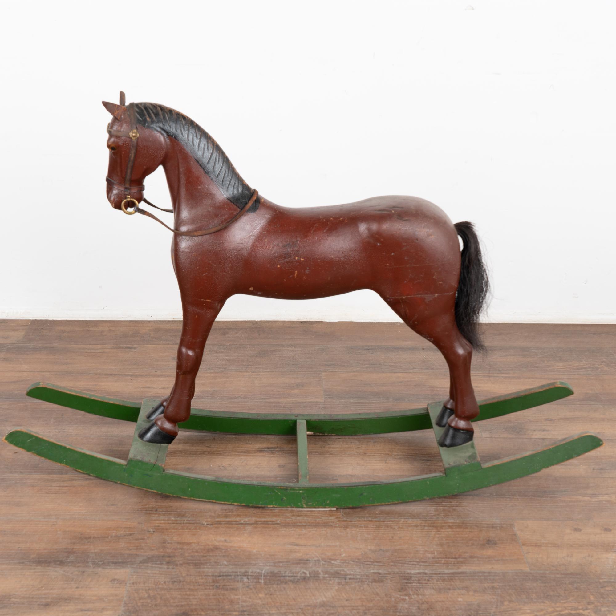 Country Original Brown Painted Wood Rocking Horse on Green Rocker, Sweden circa 1900's For Sale