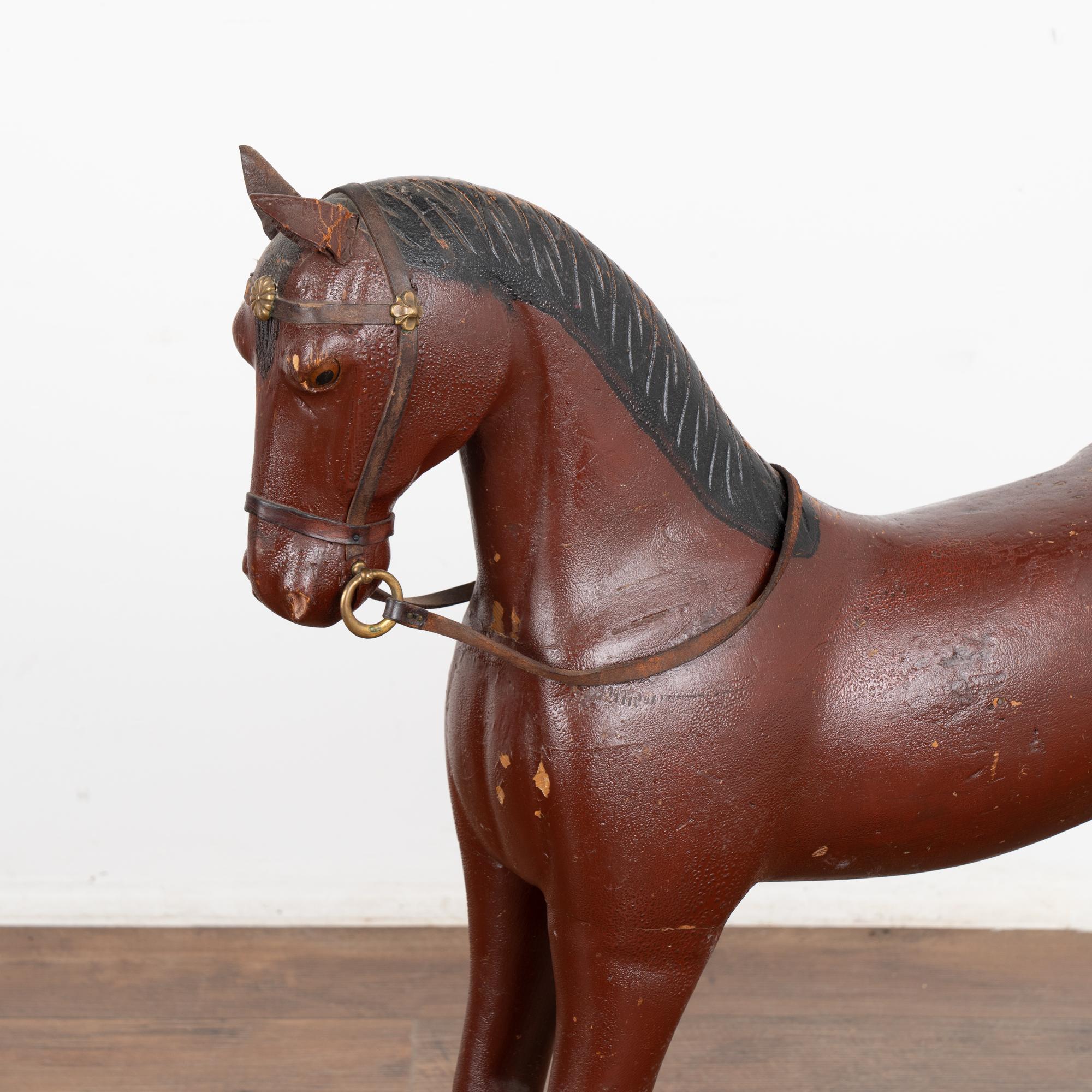 Original Brown Painted Wood Rocking Horse on Green Rocker, Sweden circa 1900's In Good Condition For Sale In Round Top, TX