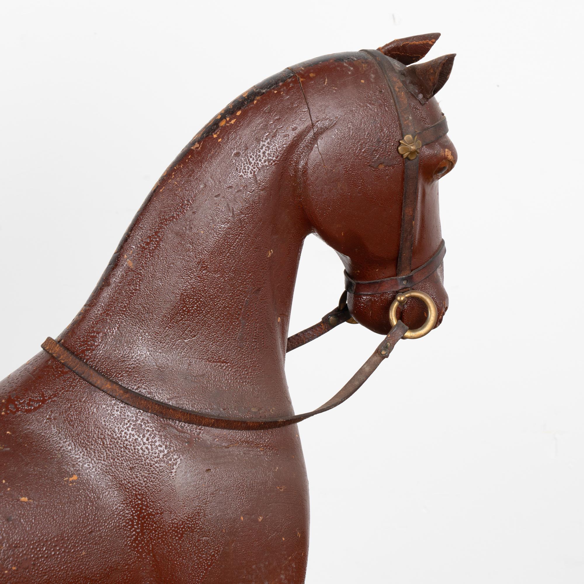 Leather Original Brown Painted Wood Rocking Horse on Green Rocker, Sweden circa 1900's For Sale