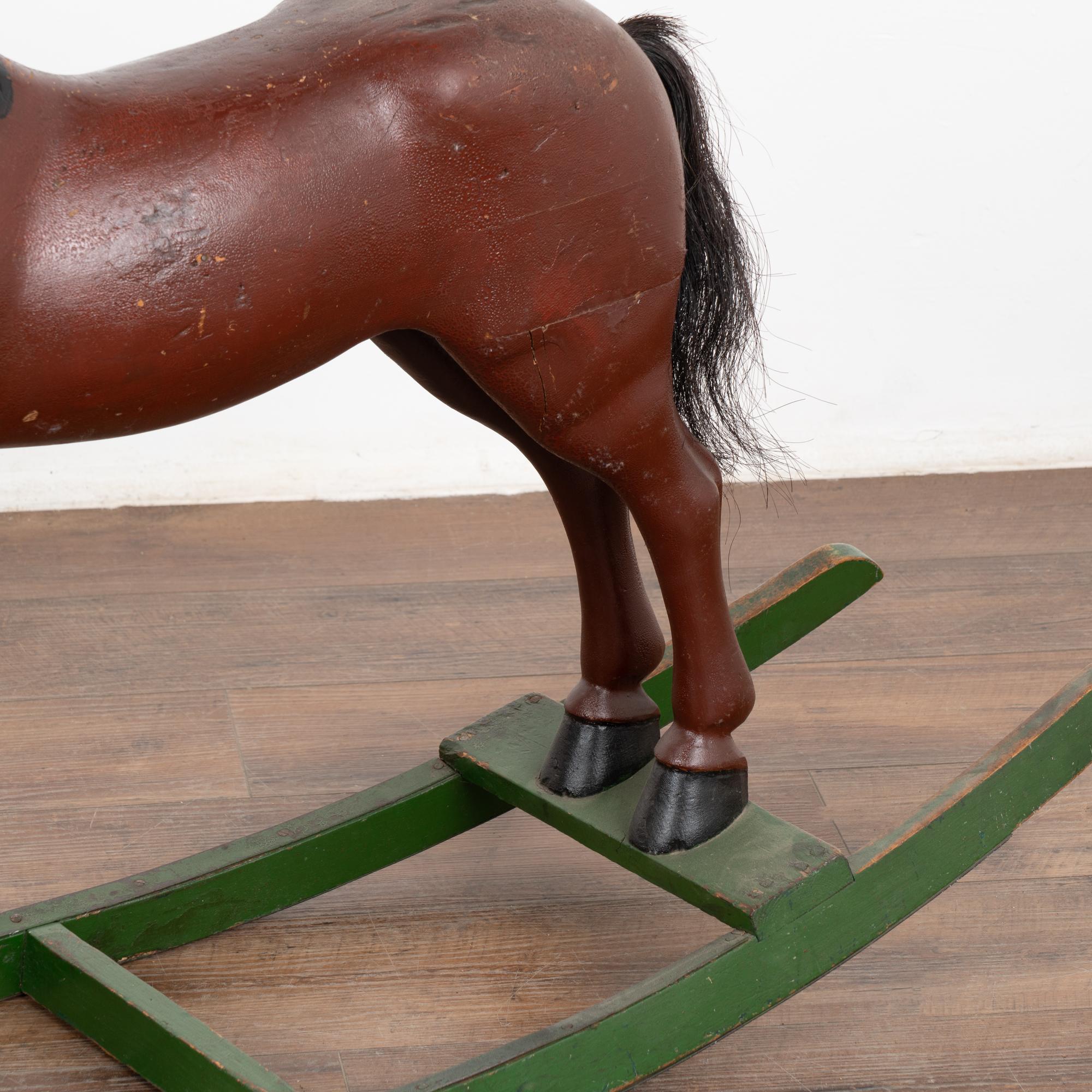 Original Brown Painted Wood Rocking Horse on Green Rocker, Sweden circa 1900's For Sale 1
