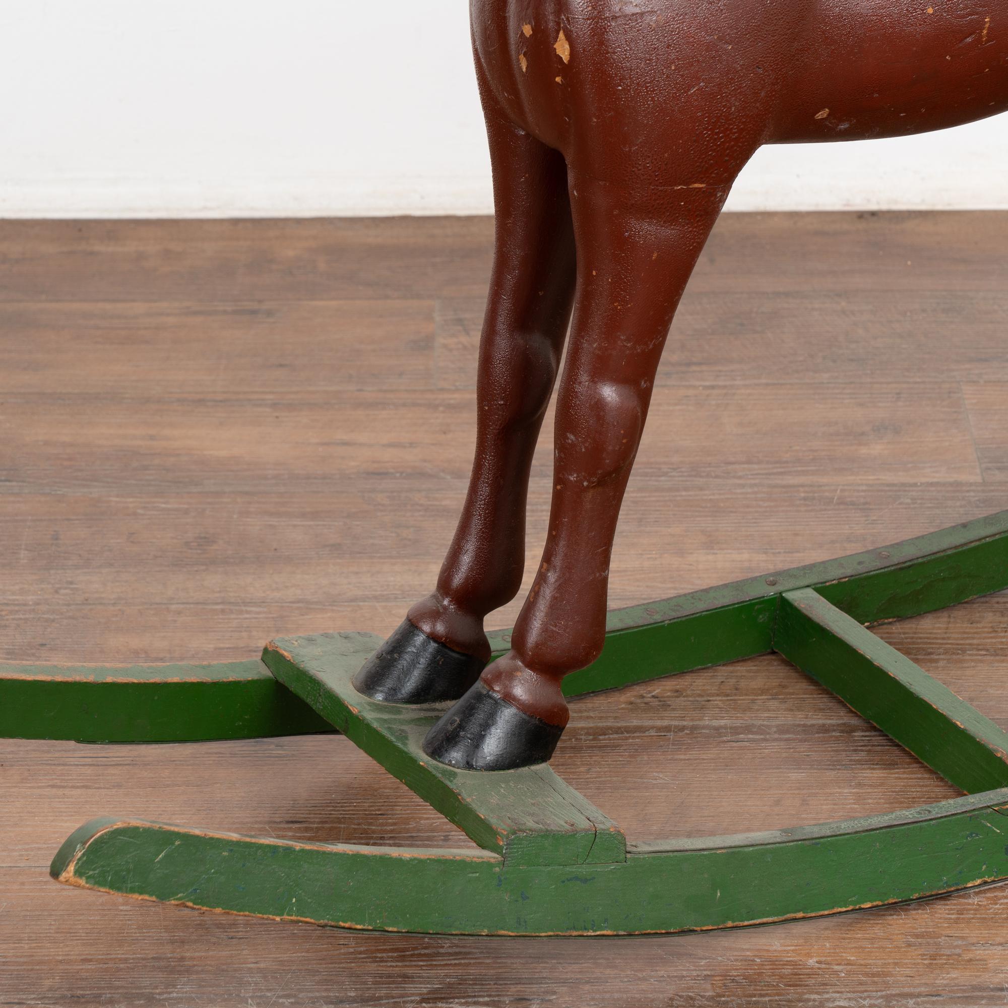 Original Brown Painted Wood Rocking Horse on Green Rocker, Sweden circa 1900's For Sale 2
