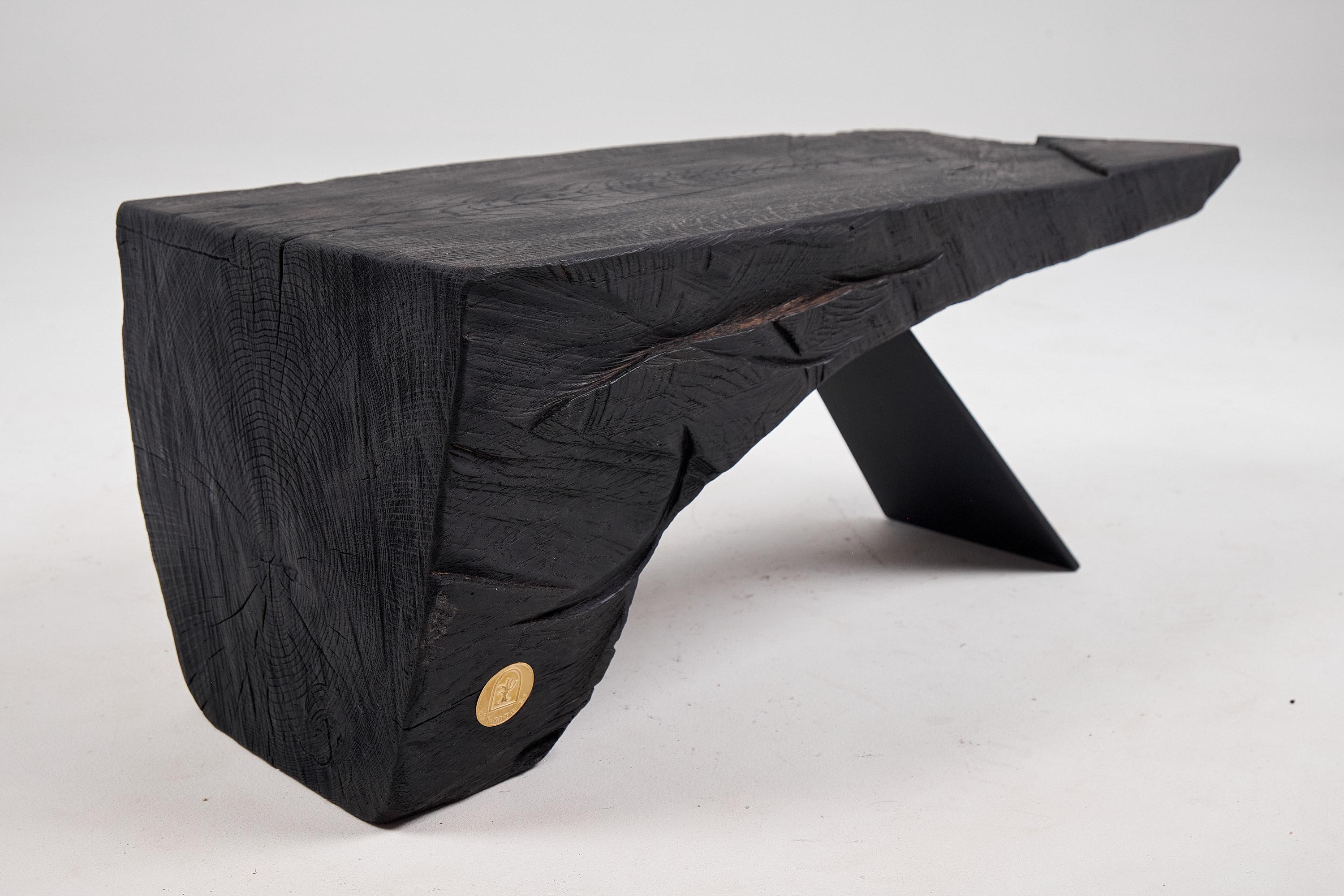 Original Brutalist Design, Burnt Oak with Steel, Unique Side Table, Logniture For Sale 6