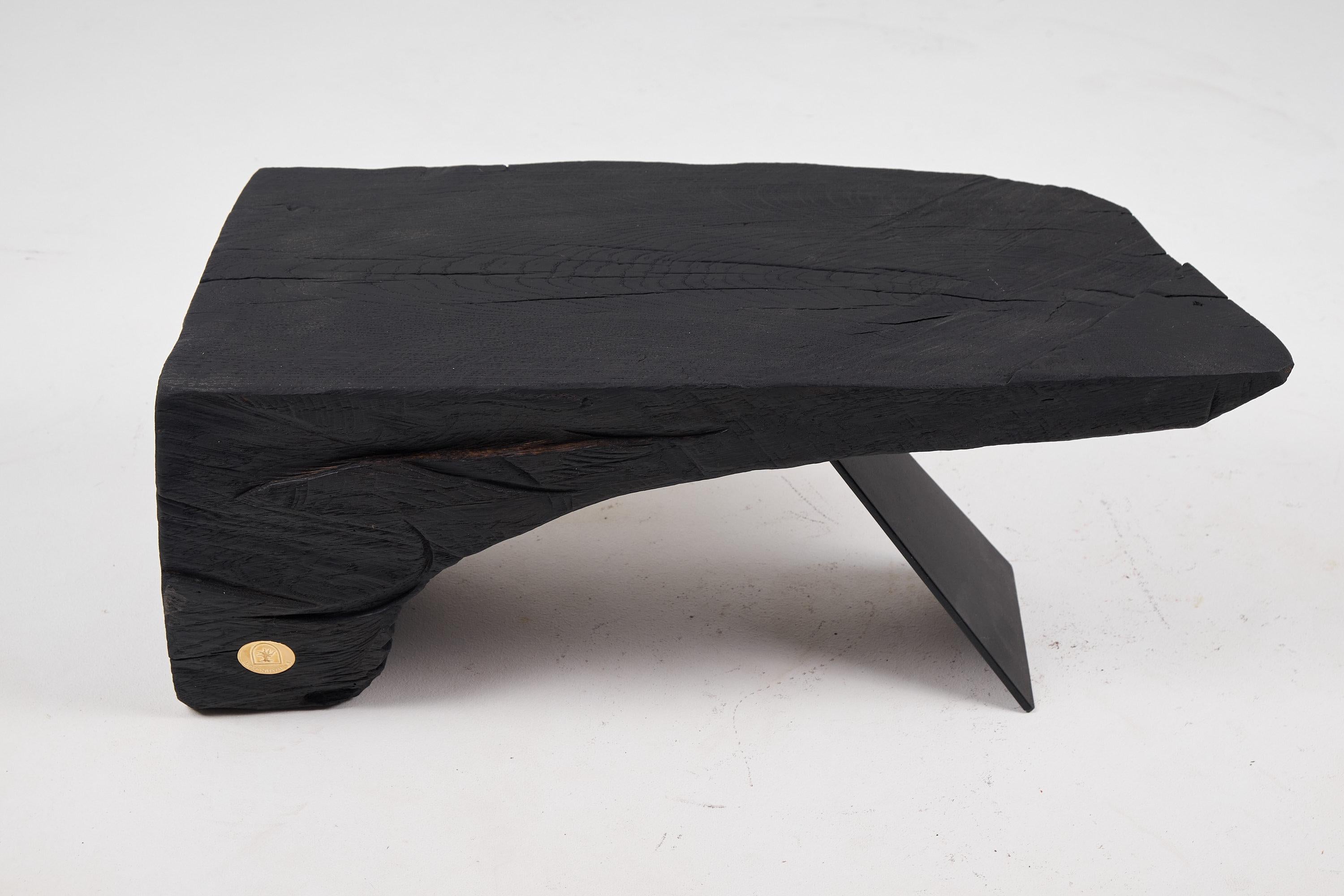Croatian Original Brutalist Design, Burnt Oak with Steel, Unique Side Table, Logniture For Sale