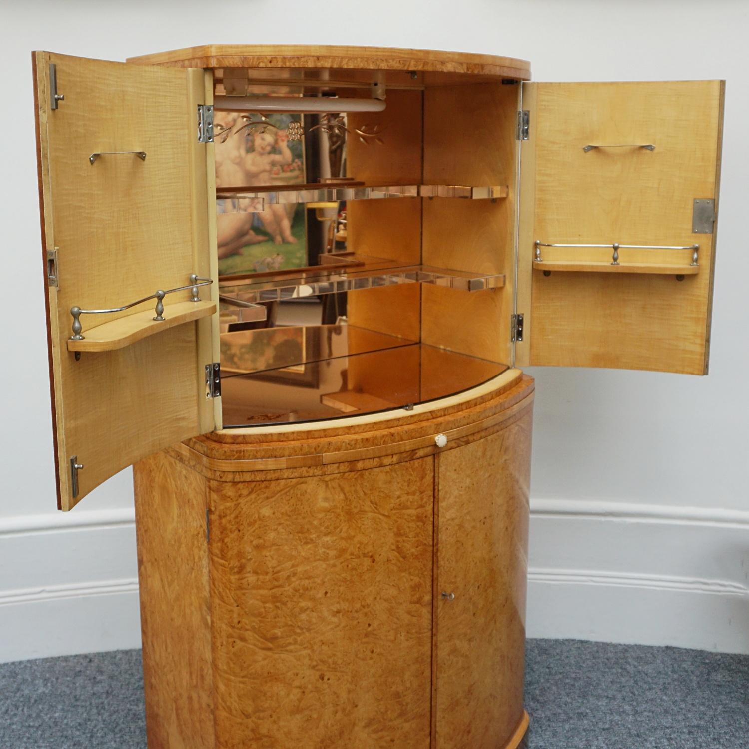 Original Burr Walnut Veneered Art Deco Cocktail Cabinet 4