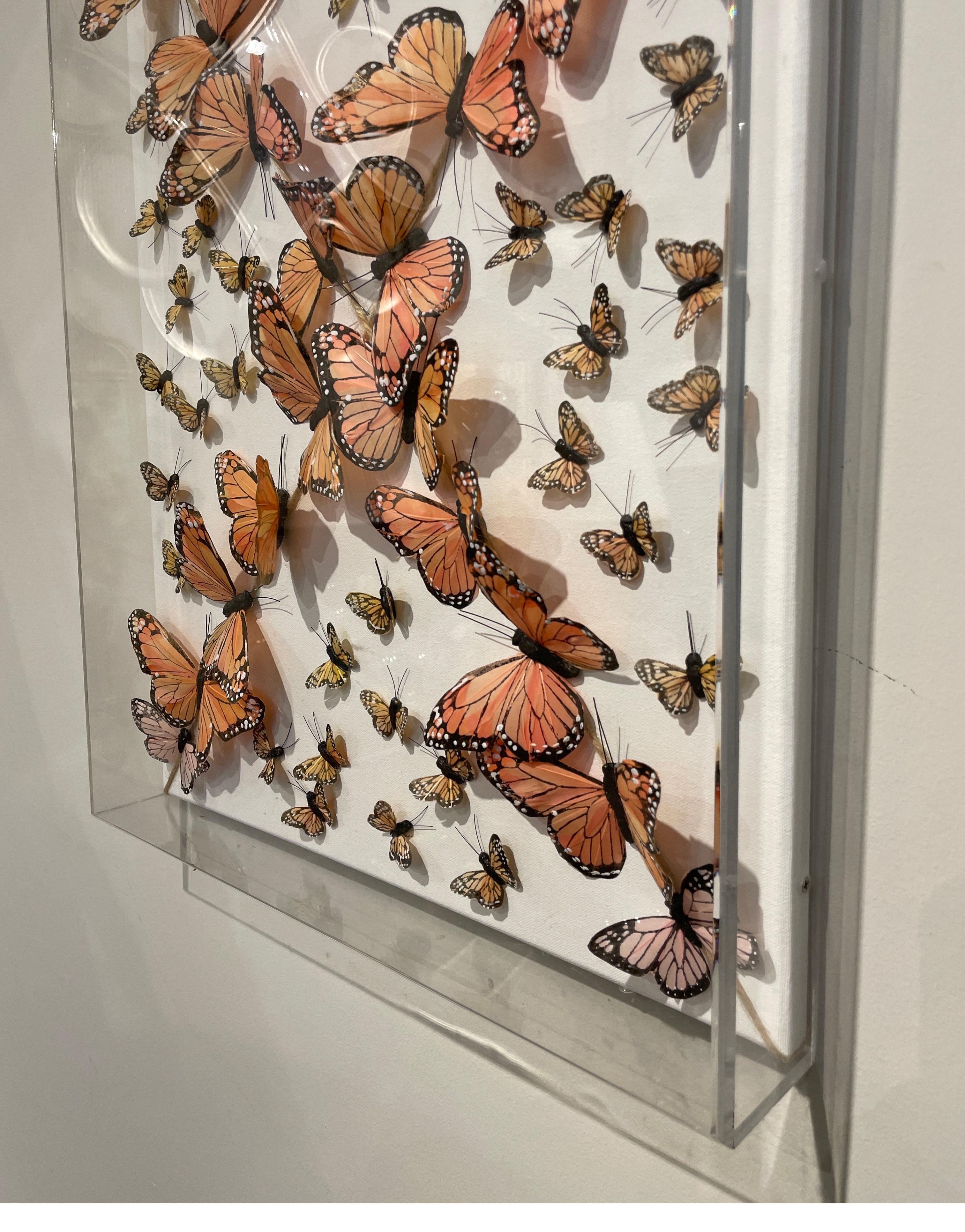 Original butterfly art depicting different sizes of Monarch butterflies in a lucite shadow box by Nadine Kalachnikoff.
