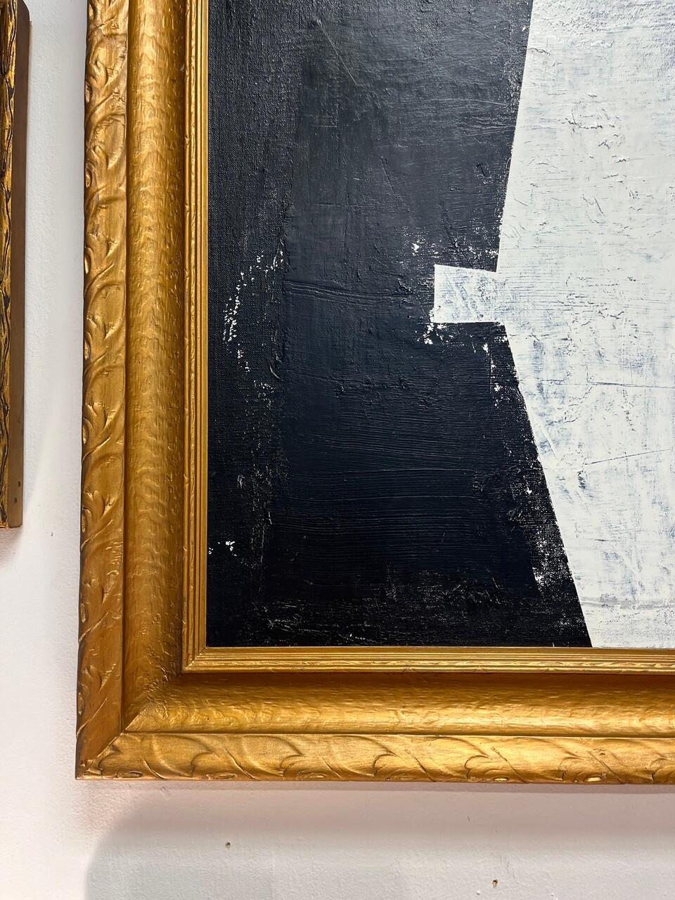 Peinture abstraite originale en noir et blanc dans un cadre antique doré par Shannon Weir, acrylique sur panneau