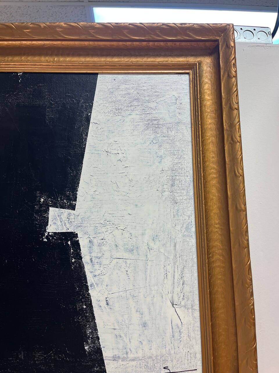 Moderne Peinture abstraite originale en noir et blanc dans un cadre ancien en vente