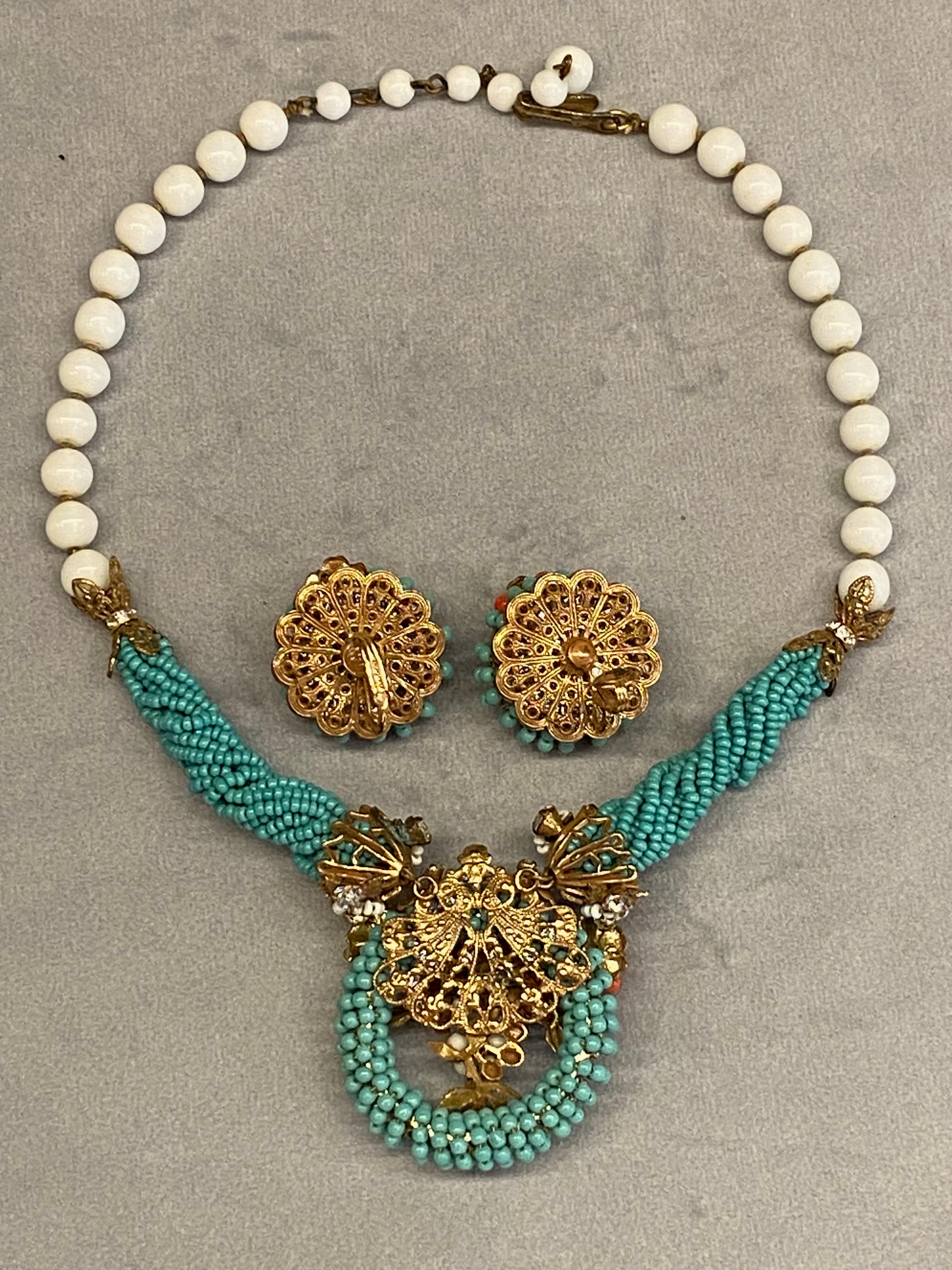 Original by Robert 1950s turquoise, coral & white glass beed necklace & earrings For Sale 5