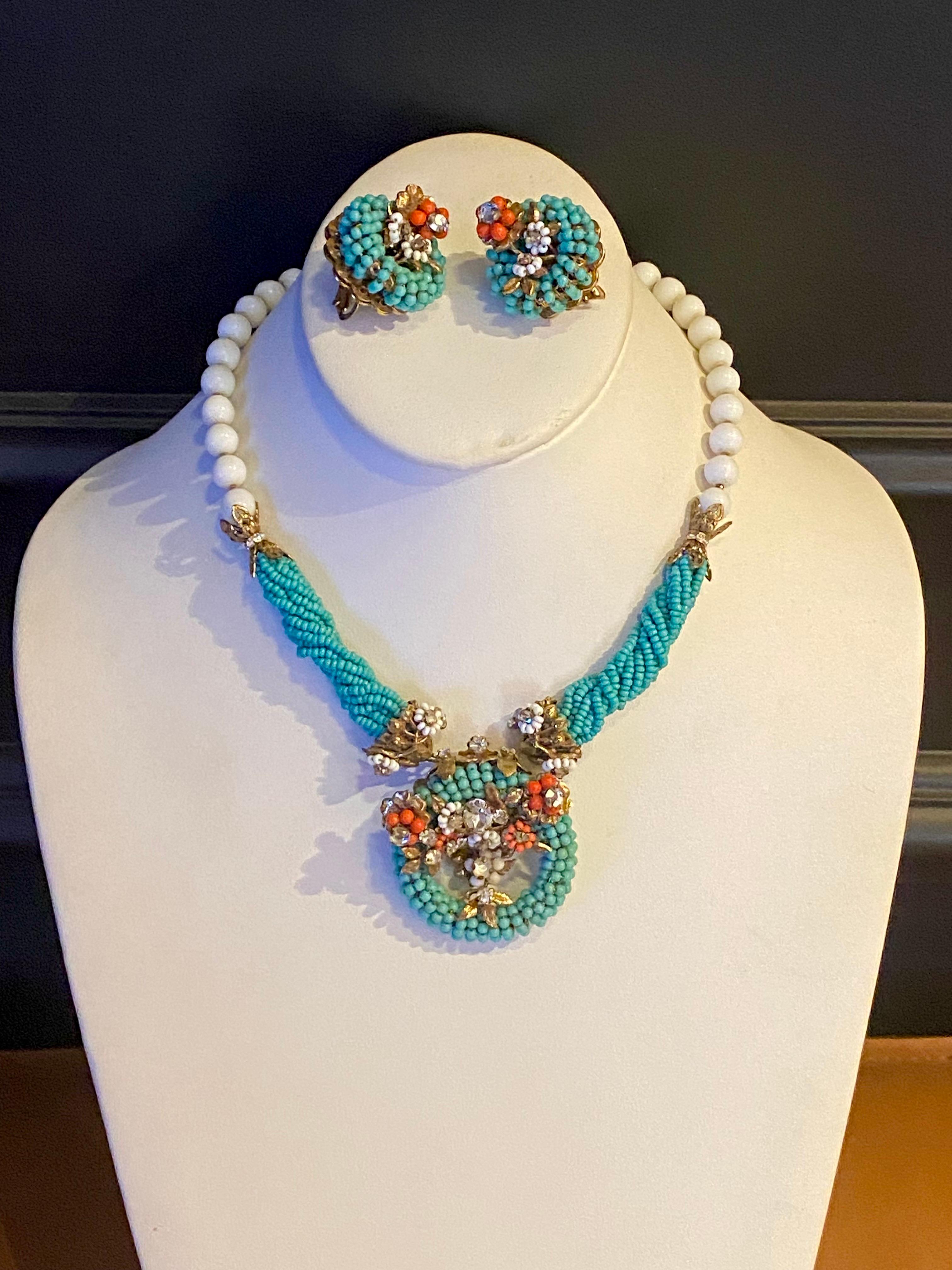 Original by Robert 1950s turquoise, coral & white glass beed necklace & earrings For Sale 1
