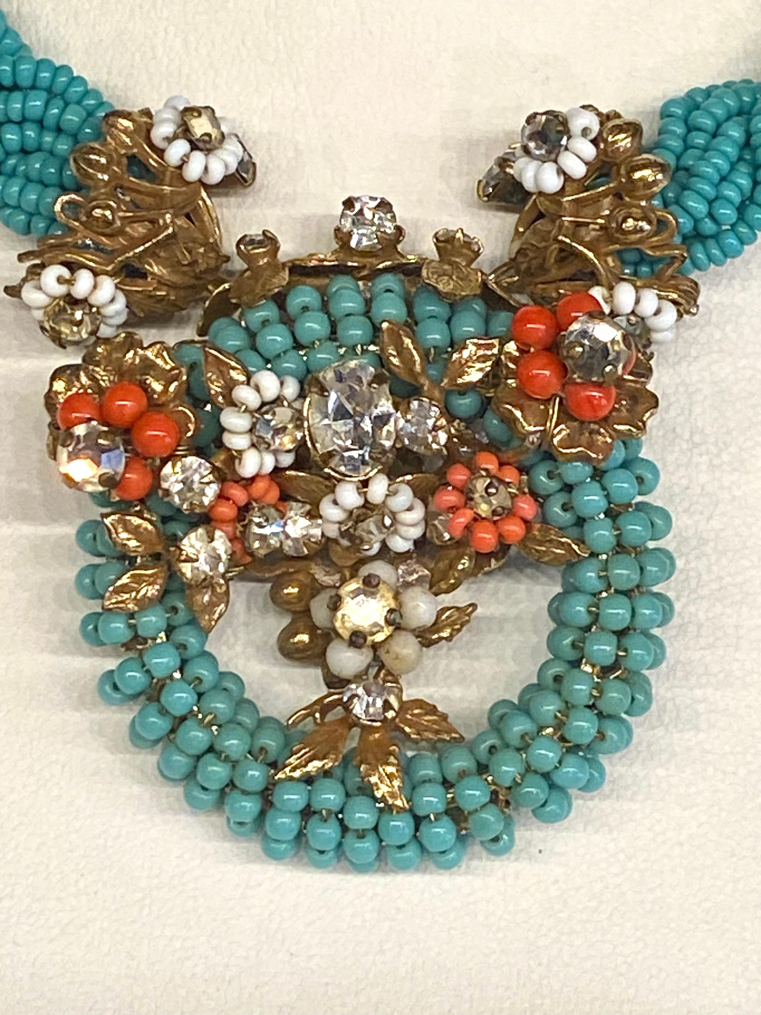 Women's or Men's Original by Robert 1950s turquoise, coral & white glass beed necklace & earrings