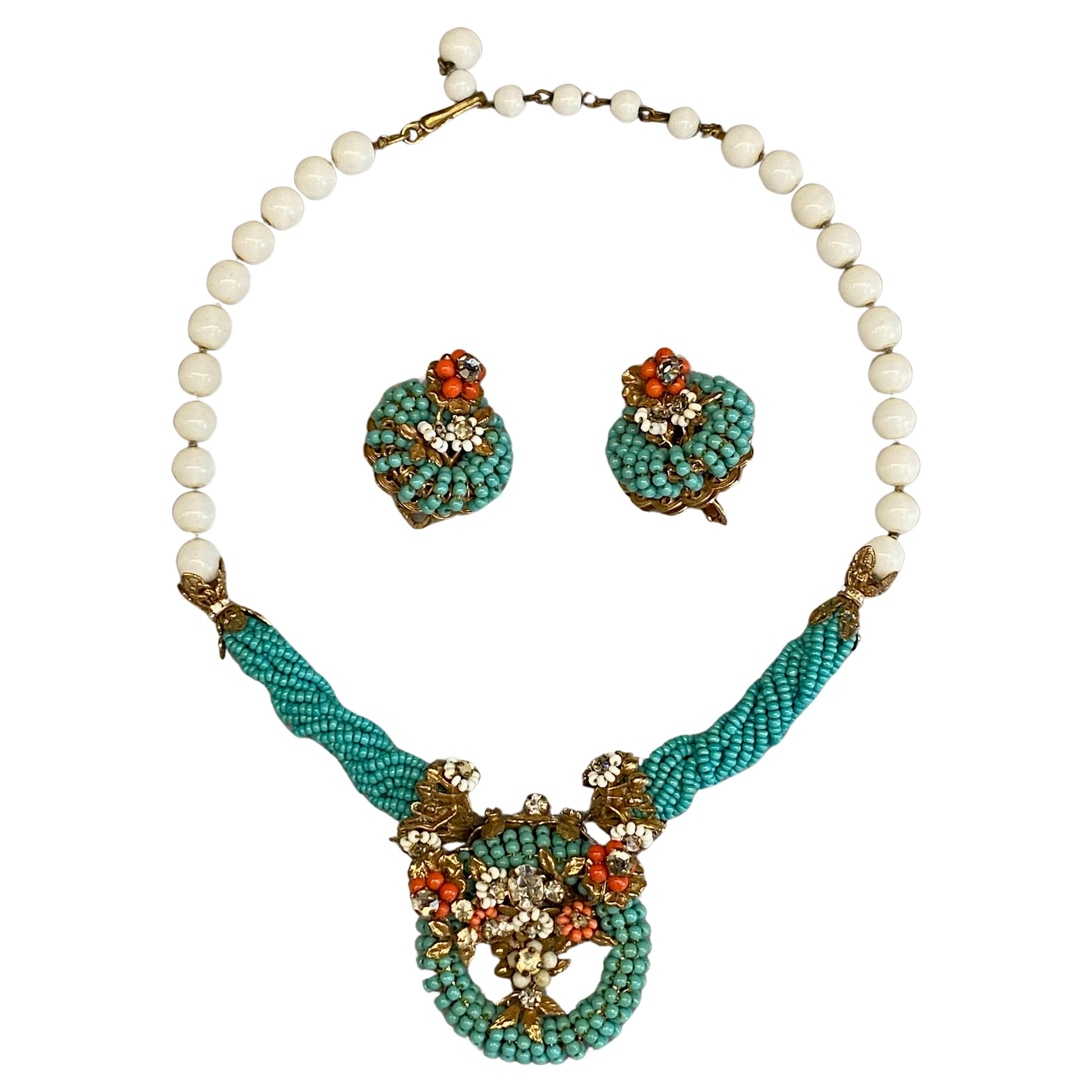 Original by Robert 1950s turquoise, coral & white glass beed necklace & earrings For Sale