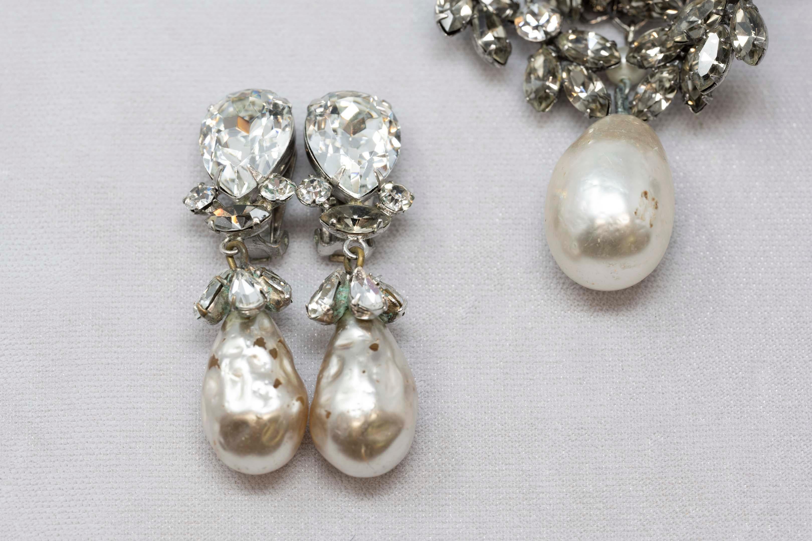Women's Original by Robert Faux Pearls and Rhinestones Brooch & Clip-On Earrings For Sale