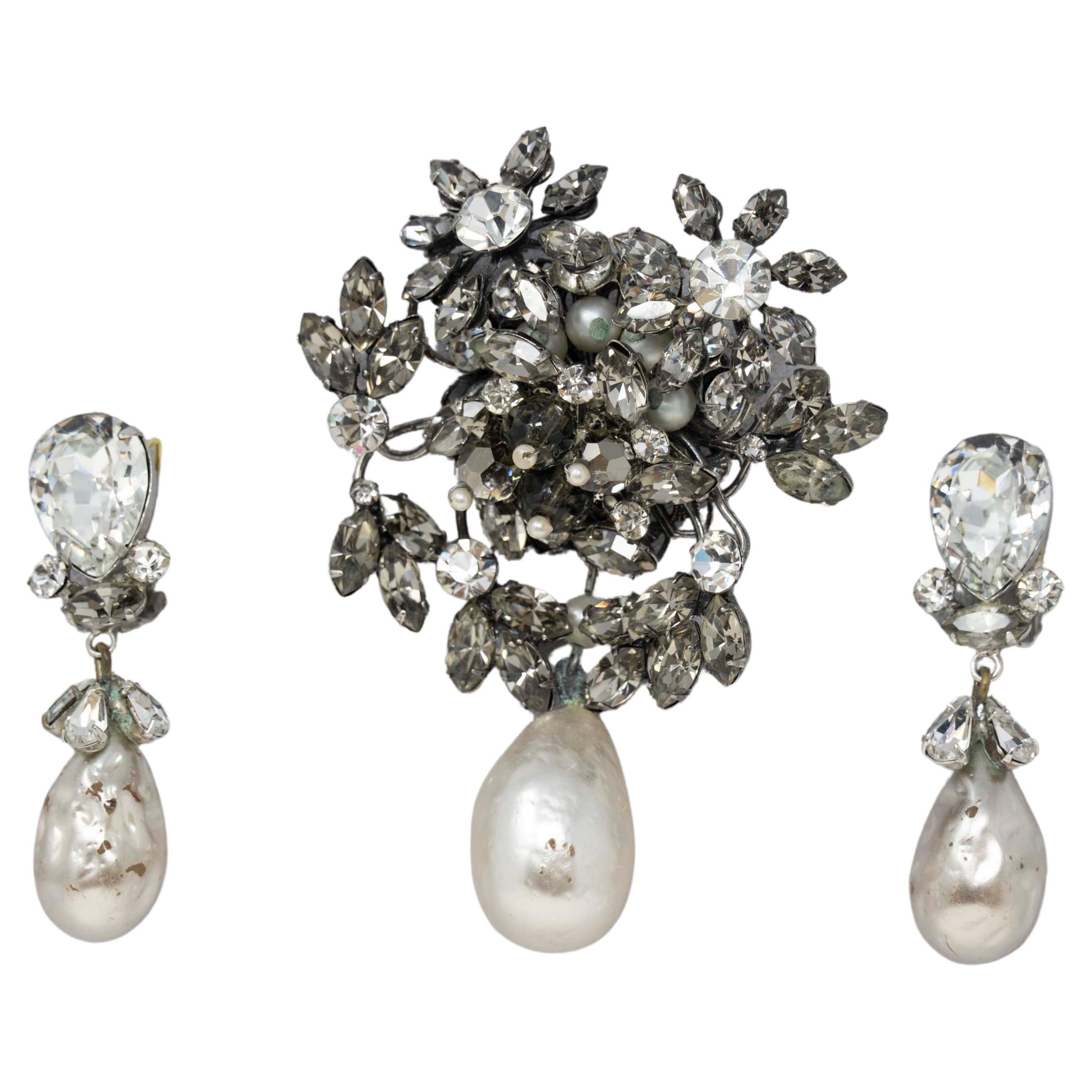Original by Robert Faux Pearls and Rhinestones Brooch & Clip-On Earrings For Sale
